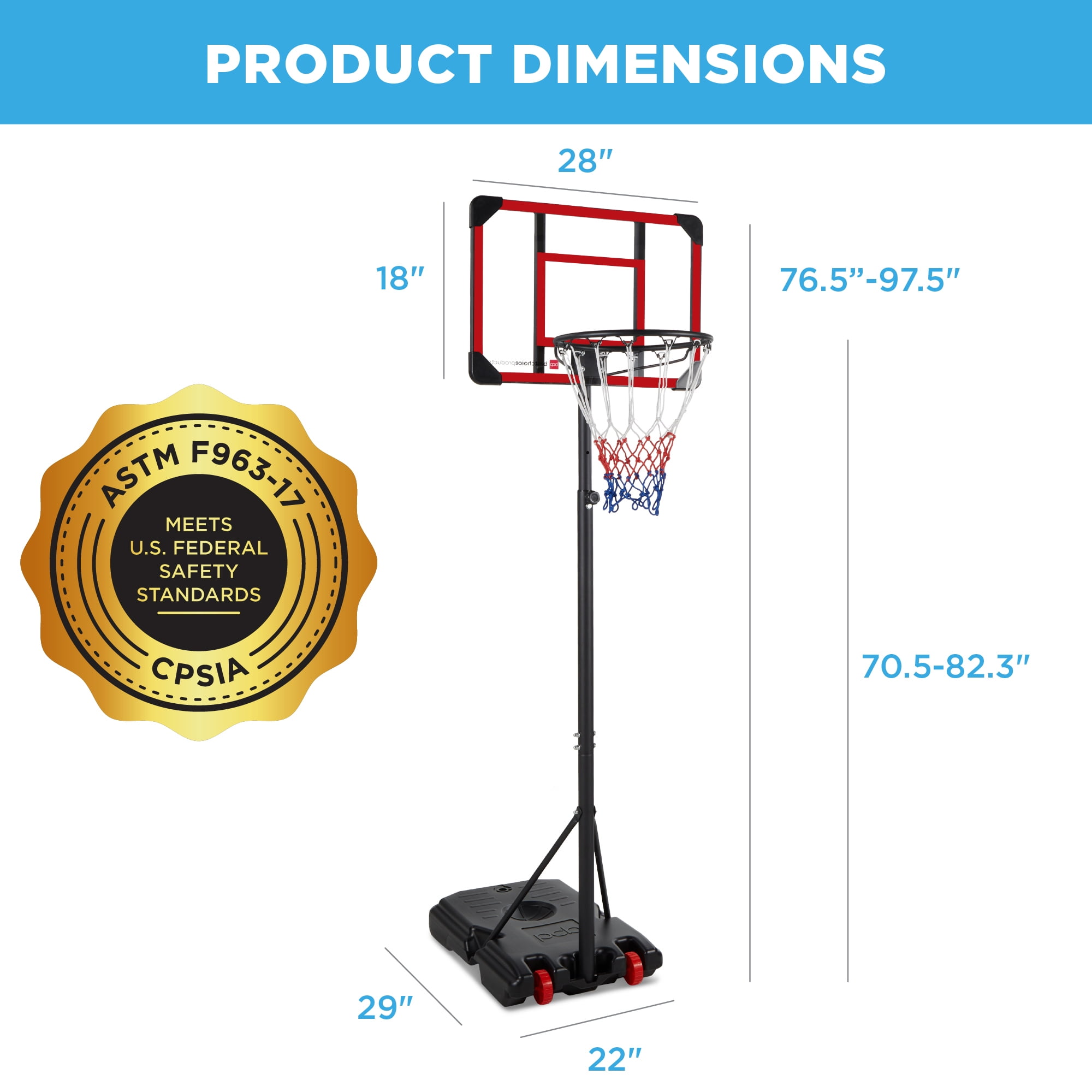 Best Choice Products Kids Height-Adjustable Basketball Hoop, Portable Game w/ 2 Wheels, Square Backboard - Clear - Image 2