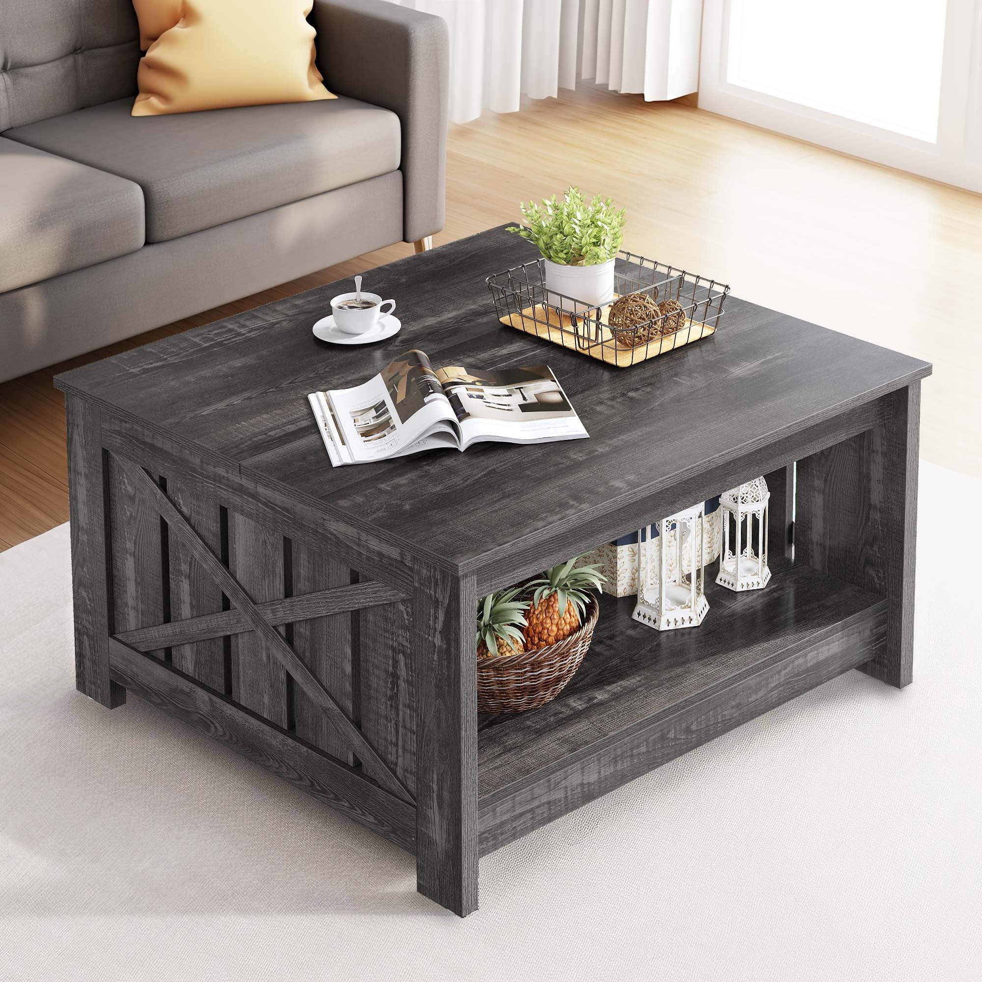 Dexturs Square Coffee Table, Farmhouse Coffee Table with Half Open Storage Compartment, Rustic Gray - Image 6