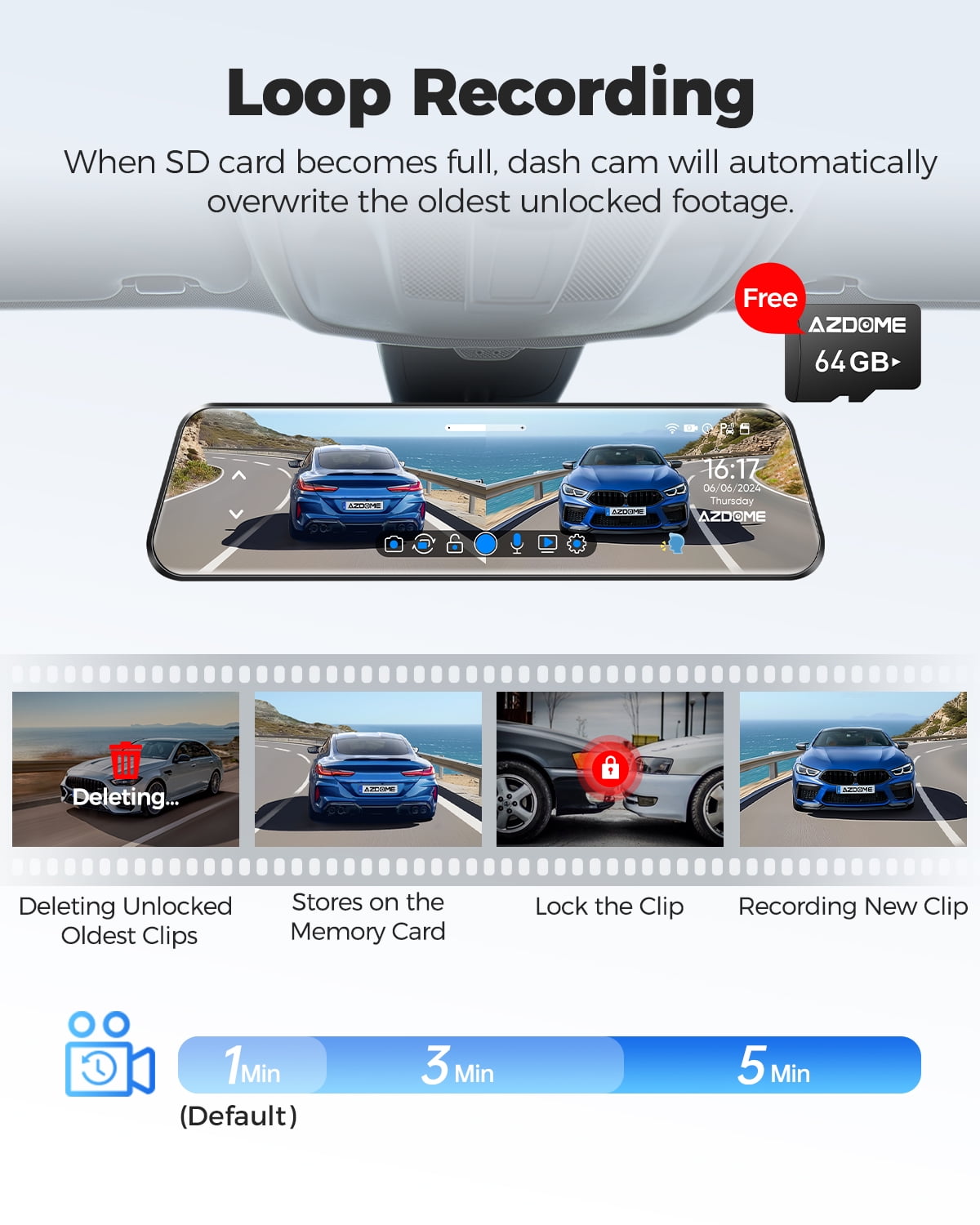 AZDOME Rear View Mirror Dash Cam, Dual Camera 4K Front and 1080P Rear Camera, 12'' Mirror Dash Cam with Night Vision, Built-in Wi-Fi GPS, Free 64GB Card, Parking Monitor - Image 3