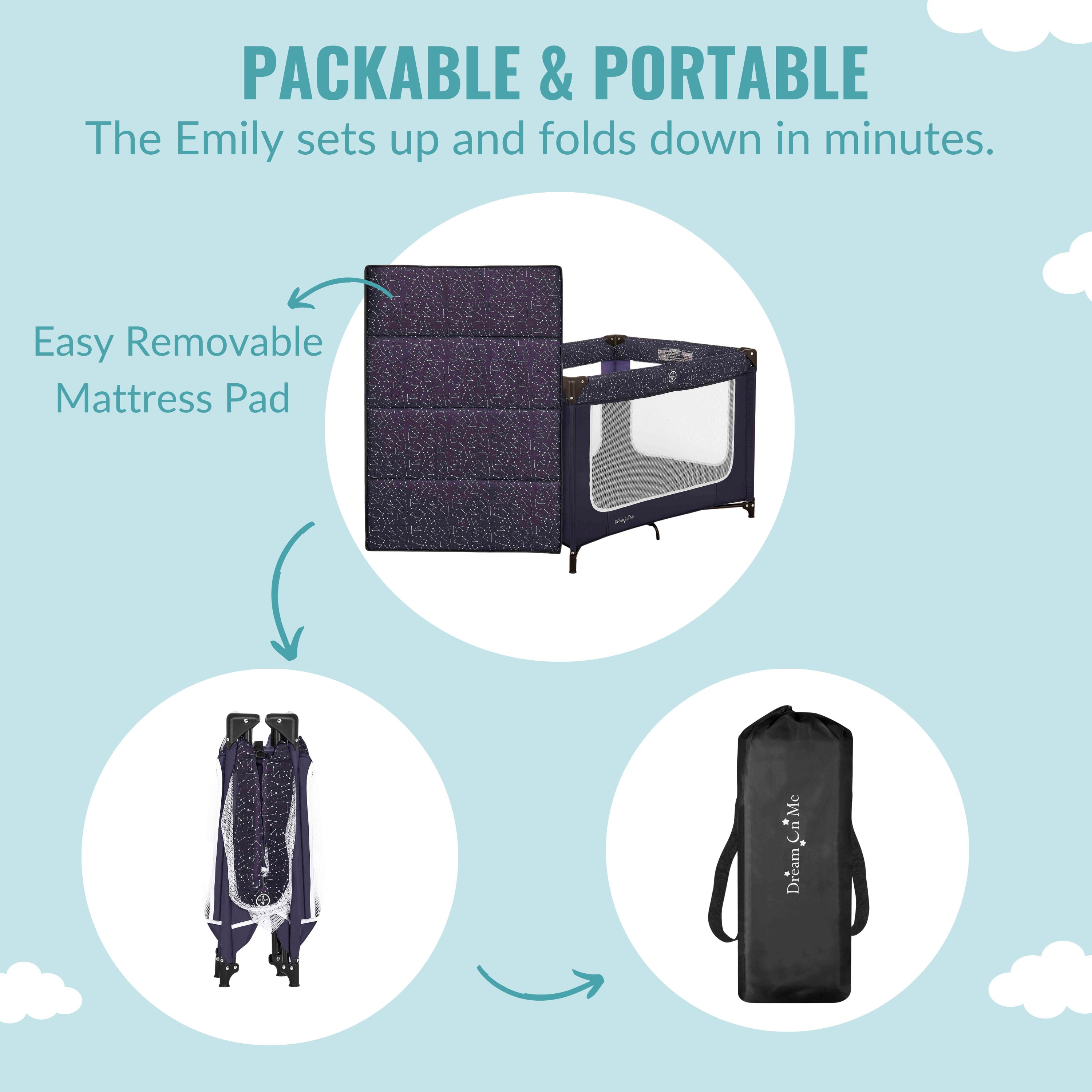 Dream On Me Emily Rose Deluxe Playard with Changing Tray and Infant Bassinet | with Canopy | Waterproof Fabric | with Changing Station | JPMA Certified | Lightweight In In Galaxy Blue - Image 21