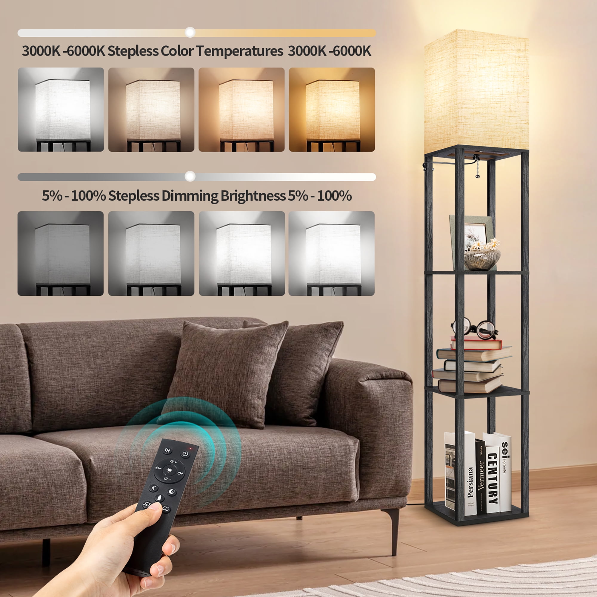 OUTON 63" Floor Lamp with Shelves, Modern Dimmable Standing Lamps with Remote Control for Living Room, Bedroom, Black - Image 6