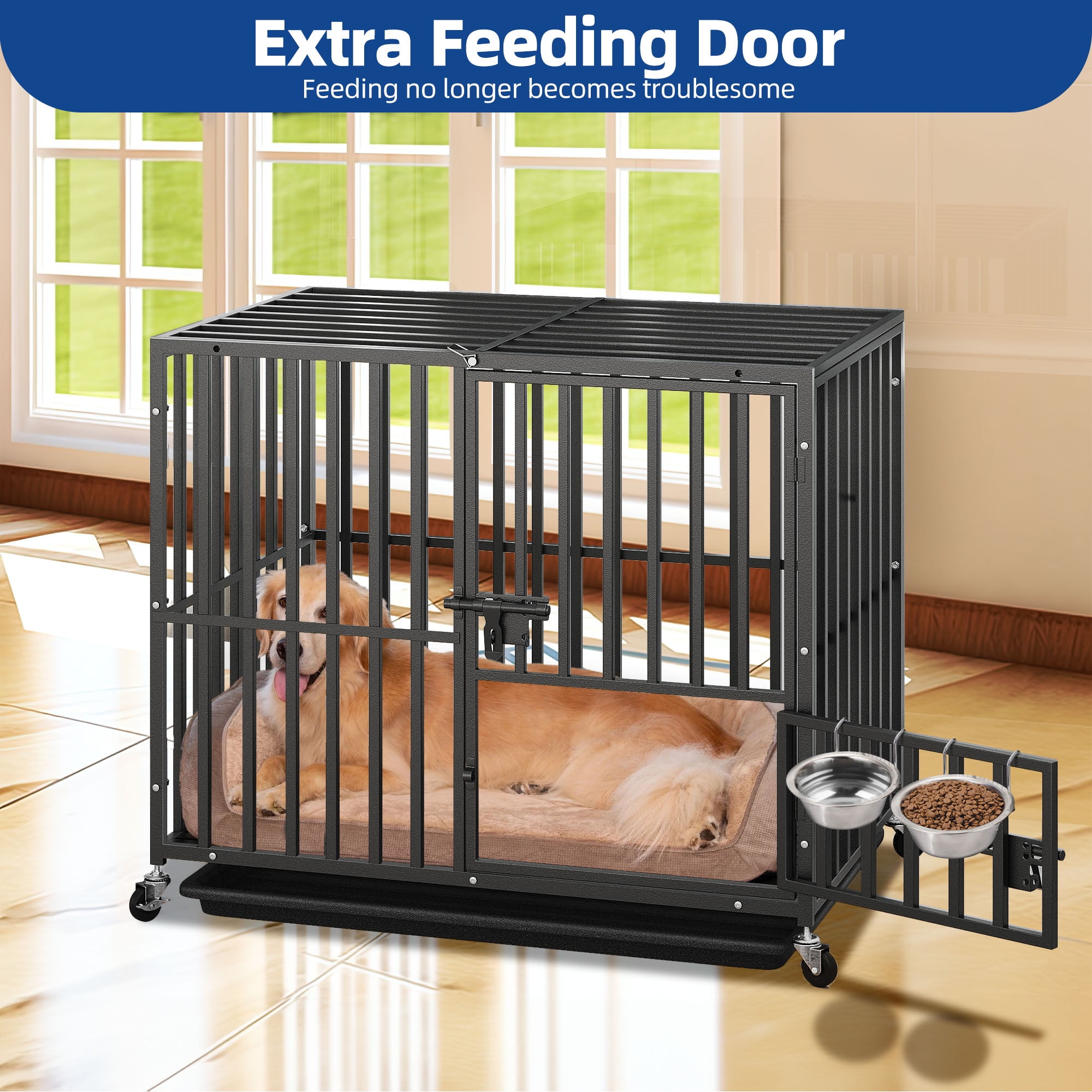 Uforic 38" Heavy Duty Dog Crate for Large Dogs with Lockable Wheels,Dog Kennel with Removable Tray - Image 8