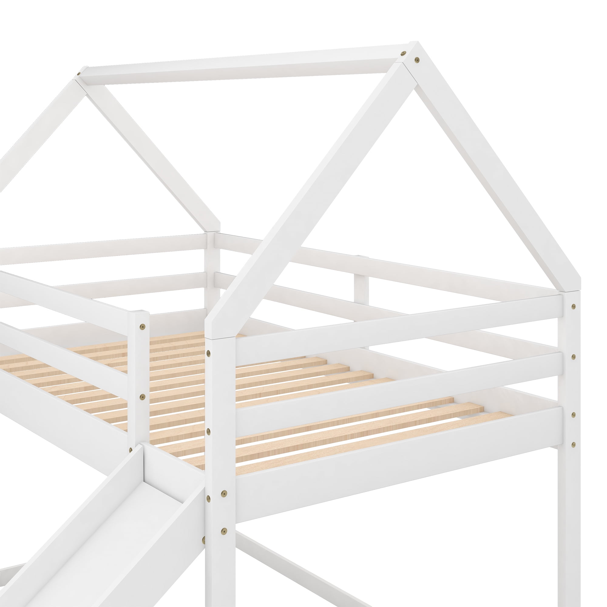 Aukfa Low Bunk Bed, Twin-Over-Twin House Bed Frame for Kids with Slide - White - Image 4