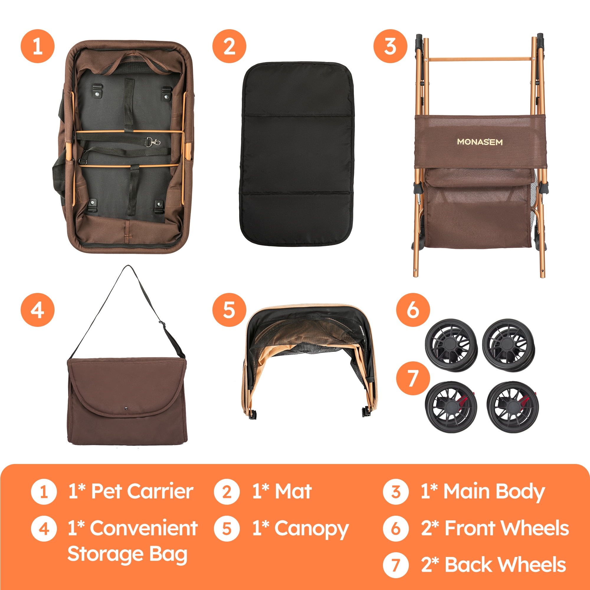 Monasem 4 Wheels Foldable Pet Stroller 3 in 1 with Waterproof Detachable Pets Travel Carrier for Small/Medium Dogs Cats up to 60lbs, Brown - Image 5