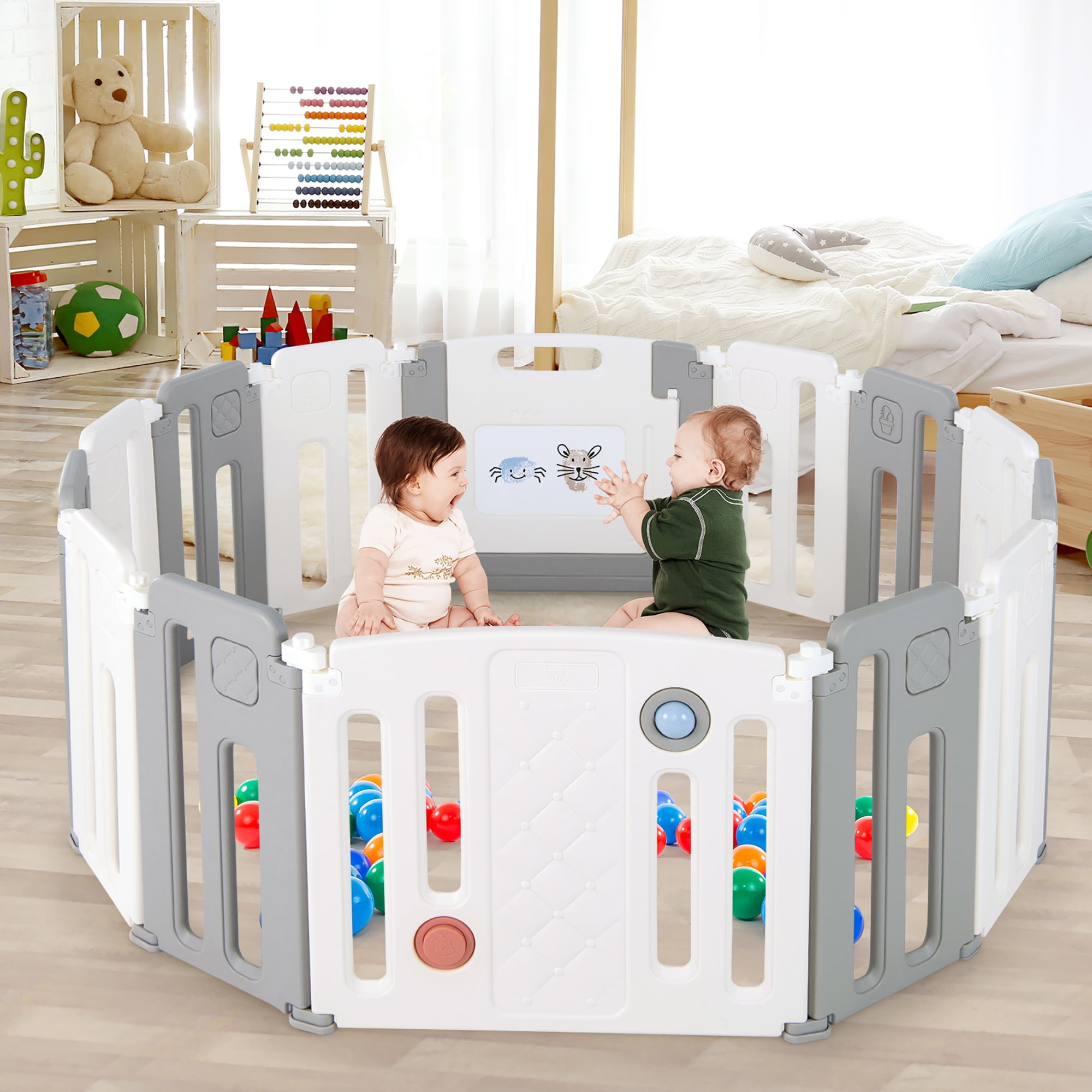 Costway 14 Panels Baby Safety Playpen Kids Safety Activity Play Center with Drawing Board Gray - Image 8