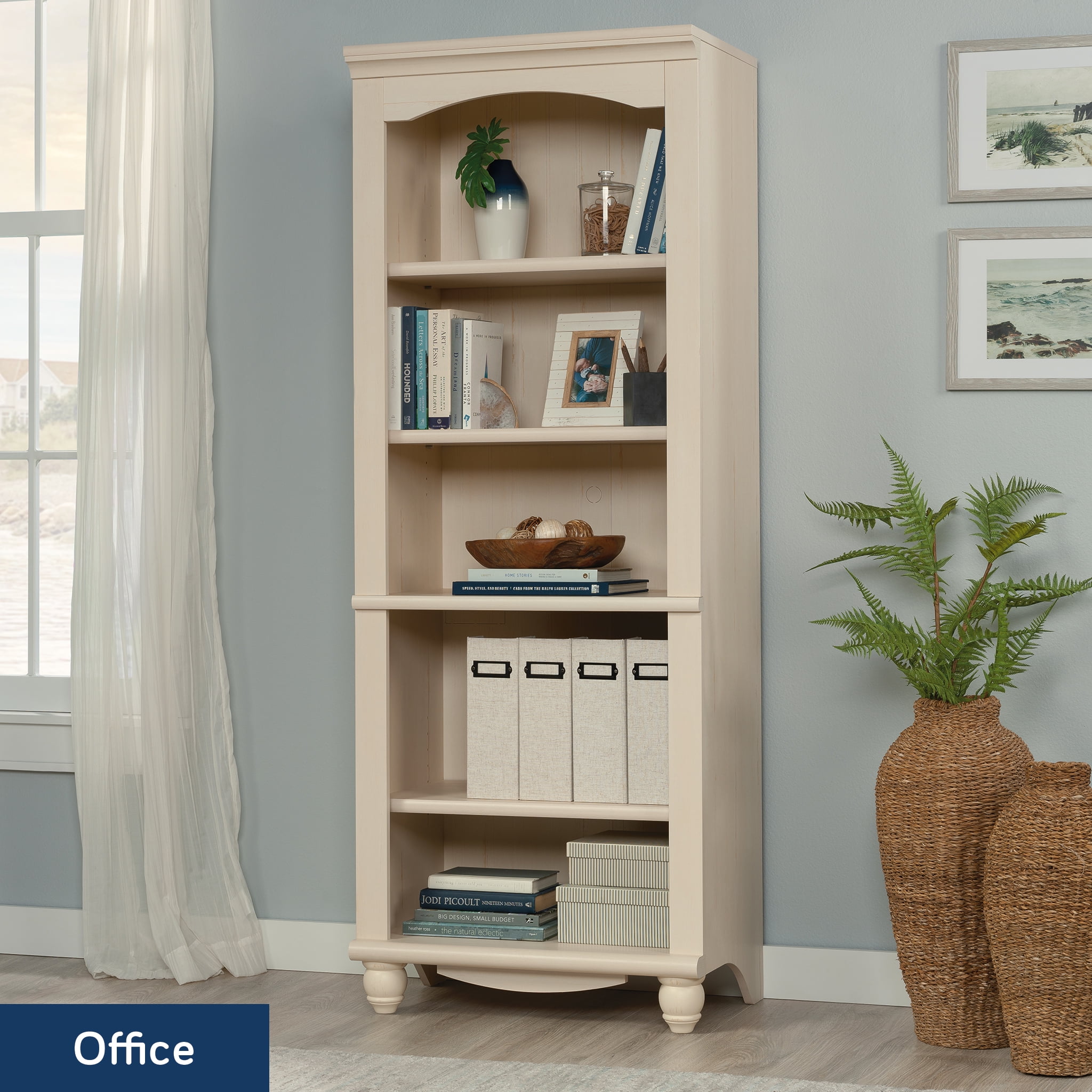 Sauder Harbor View 5 Shelf Bookcase, Antiqued White Finish - Image 2