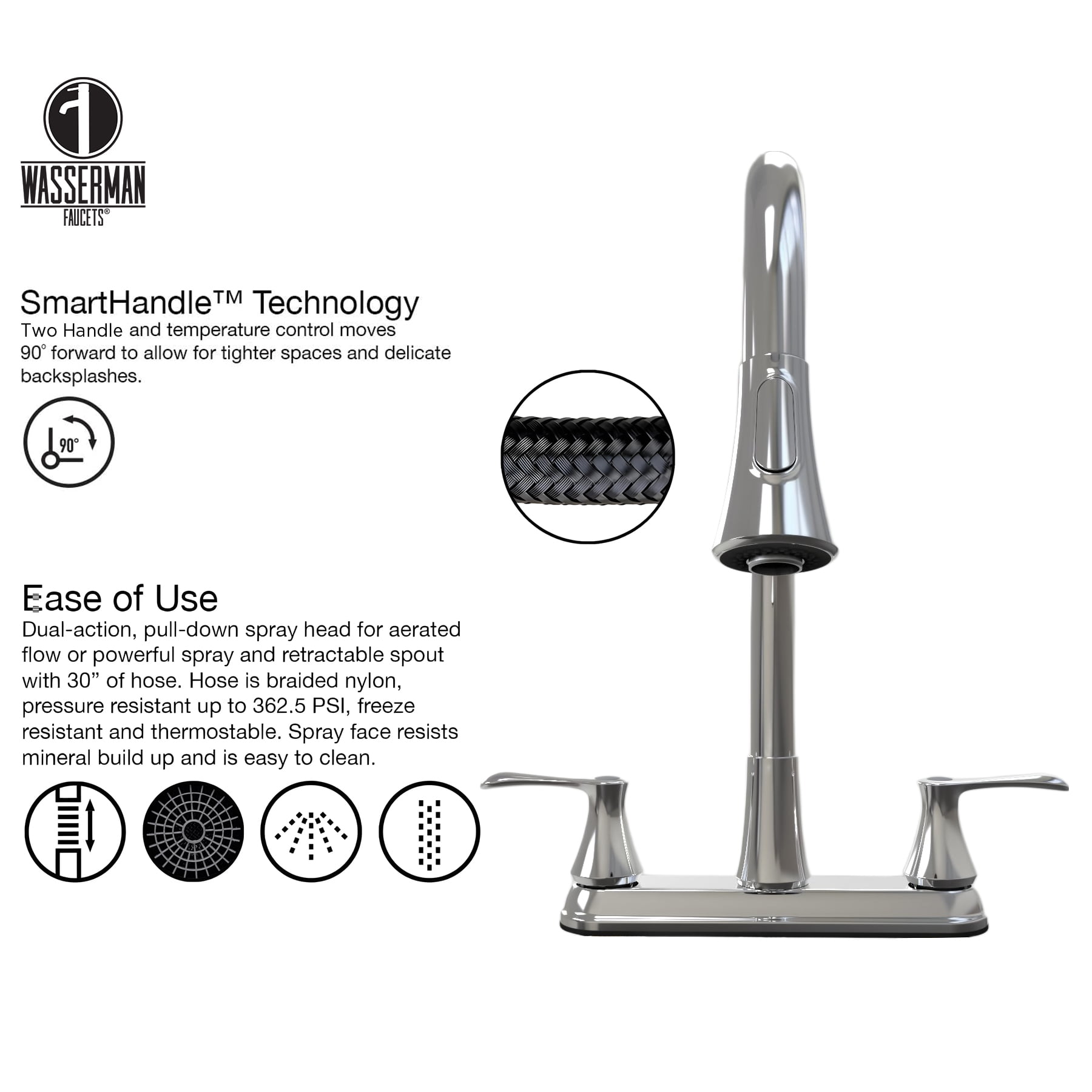 Wasserman 22167043 - Kitchen Sink Faucet Double Handle Pull Down Spray in Chrome - Image 3