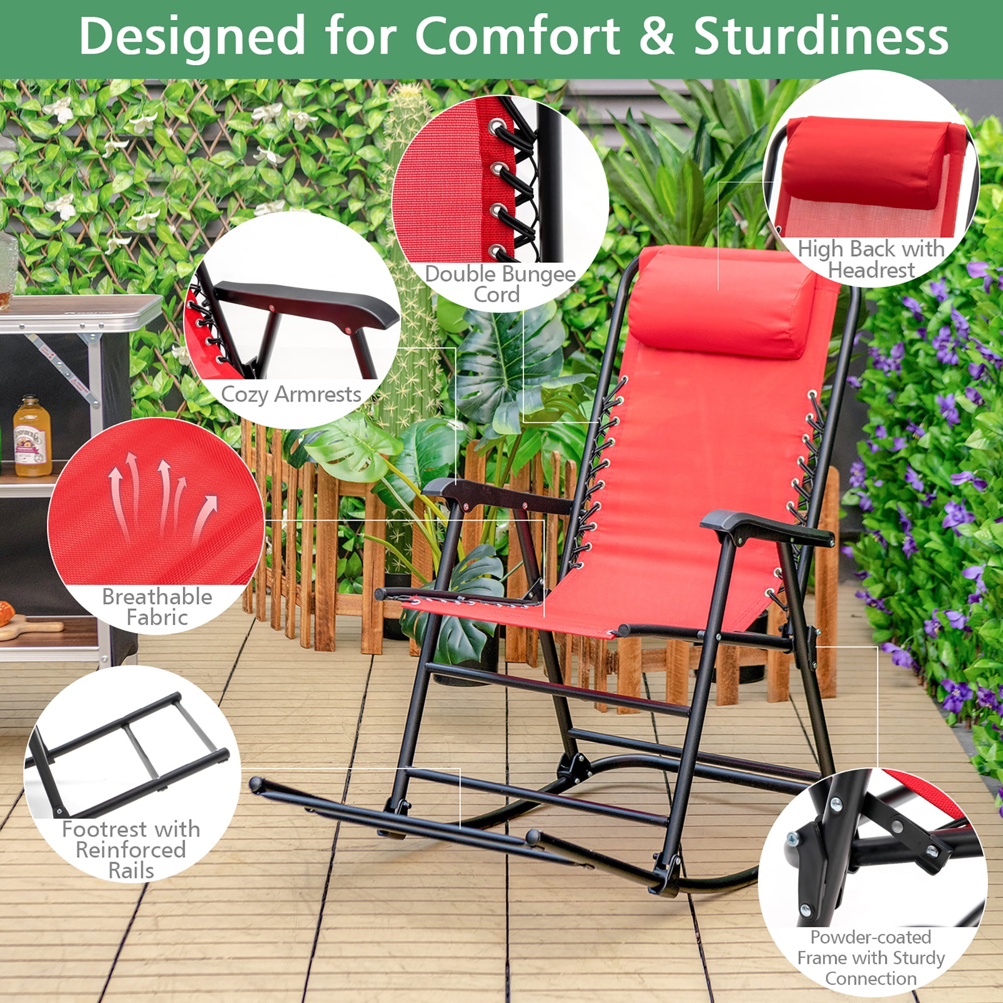 Costway Patio Camping Rocking Chair Folding Rocker Footrest Lightweight Outdoor Red - Image 4