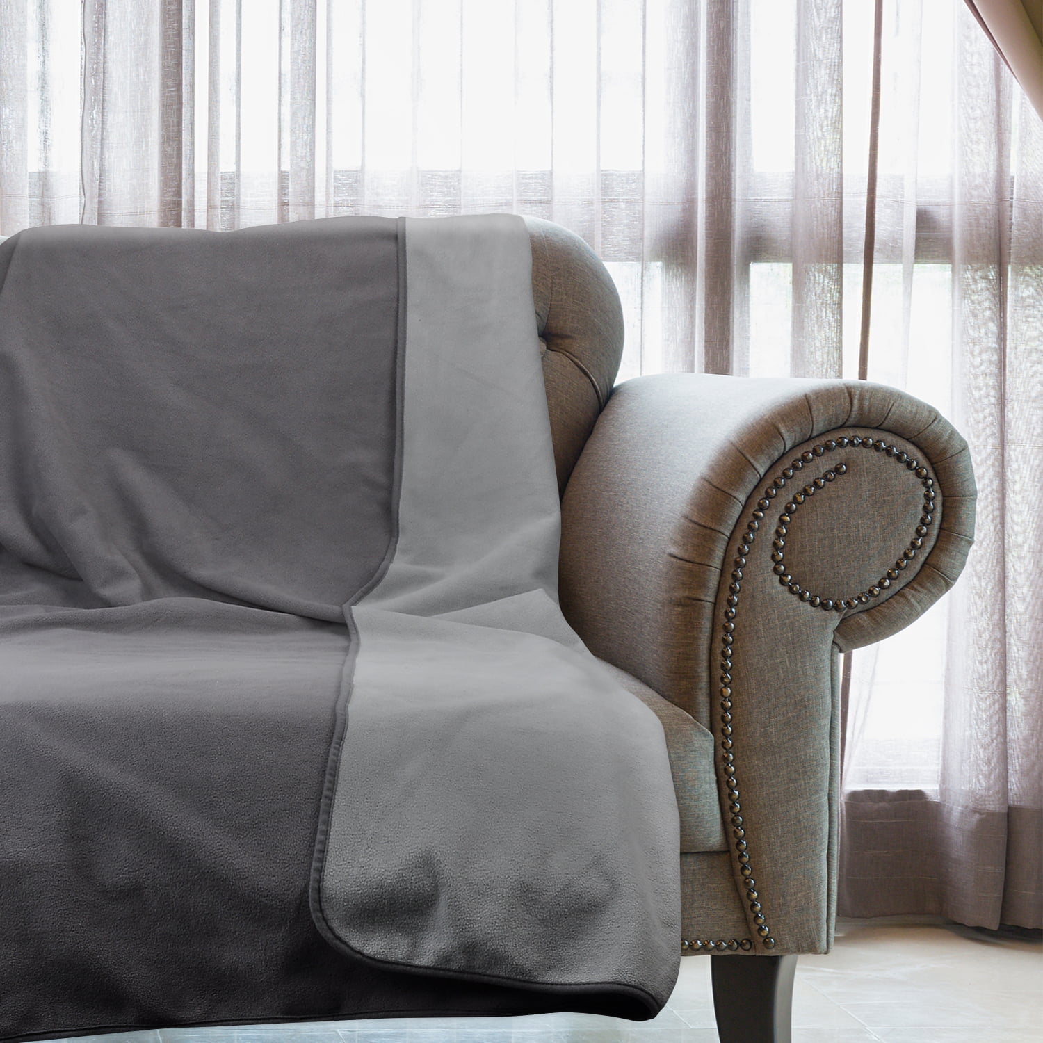 Catalonia Waterproof Fleece Blankets for Beds, Pee Proof Couch Sofa Bed Protector Cover for Baby, Super Cozy Plush Warm Sherpa Lining Throws and Blankets for Boating and Camping, Light Gray/Dark Gray, - Image 3