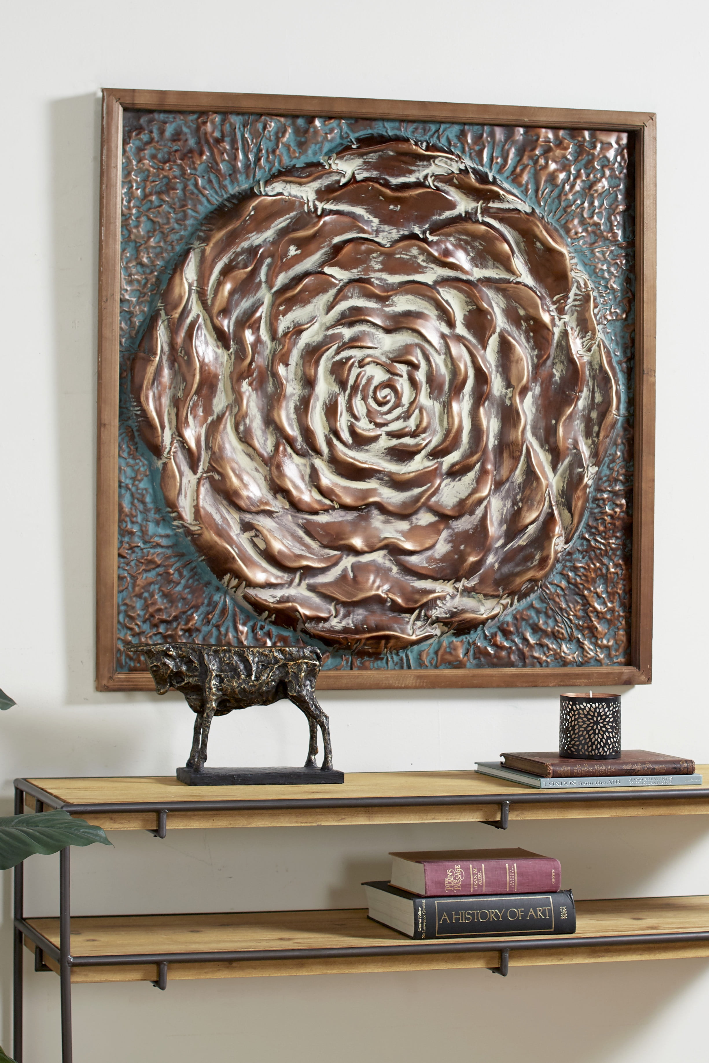 Decmode Large Square Aqua & Bronze Metal Rose Wall Decor in Natural Wood Frame, 41.5” x 41.5” - Image 4