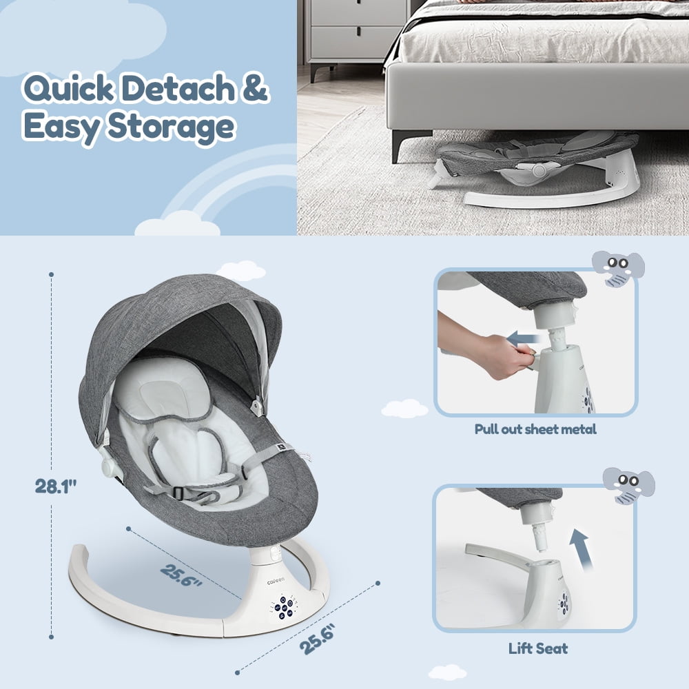 Baby Swing for Infants, Caveen Electric Bluetooth Baby Rocker, 5 Swing Speeds, 3 Seat Positions, Adapter & Battery Operated, Gray - Image 2