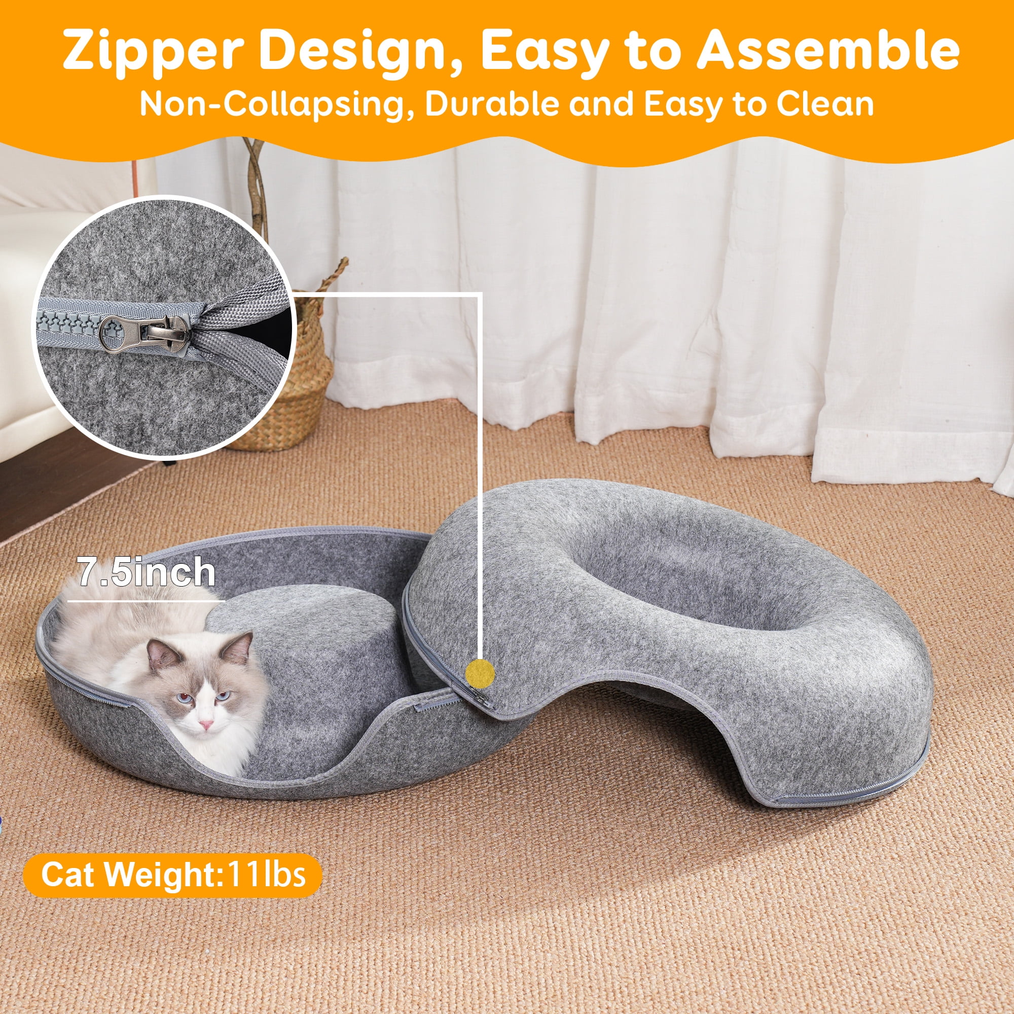 Large Cat Tunnel Bed for Indoor Cats with 3 Toys, Scratch Resistant Donut Cat Bed, Up to 30 Lbs (L 24x24x11, Dark Grey) - Image 5