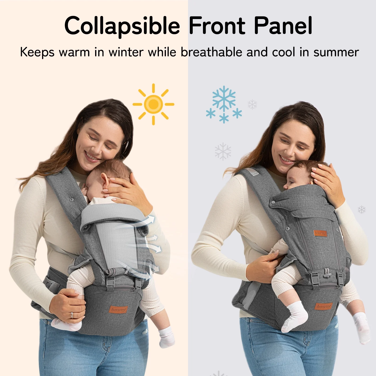 Besrey Baby Carrier with Hip Seat Newborn to Toddler, 7-45lb,Baby Body Holder Chest with Back Support,Gray - Image 8
