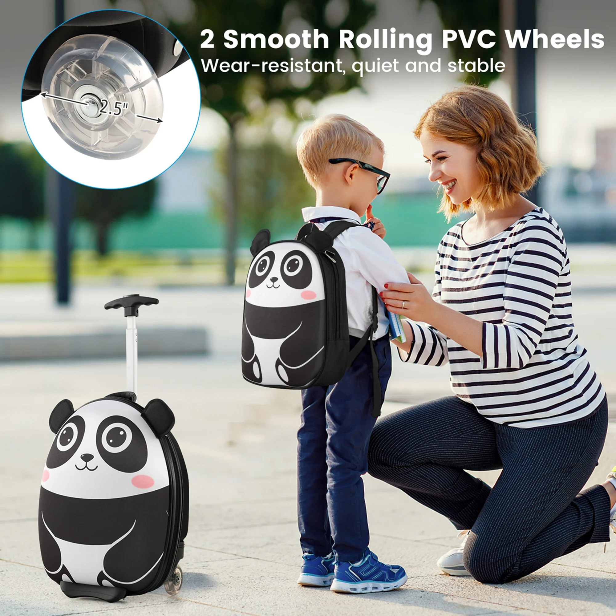 Costway 2PCS Kids Carry On Luggage Set 16'' Panda Rolling Suitcase with 12'' Backpack Travel White - Image 7