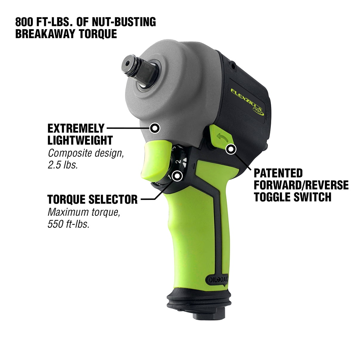 Flexzilla® Pro Mini Impact Wrench, 1/2" Drive, with Flexzilla Pro High Flow Ball Swivel Plug, ZillaGreen™ - Image 3