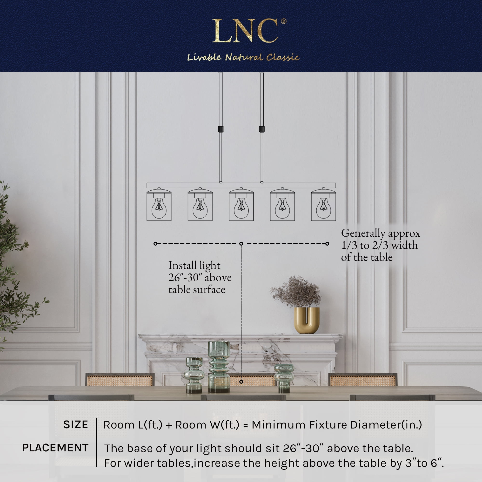 LNC Farmhouse 5-Light Linear Chandelier with Mason Jar Glasss, Rustic Wood and Iron Finish - Image 3