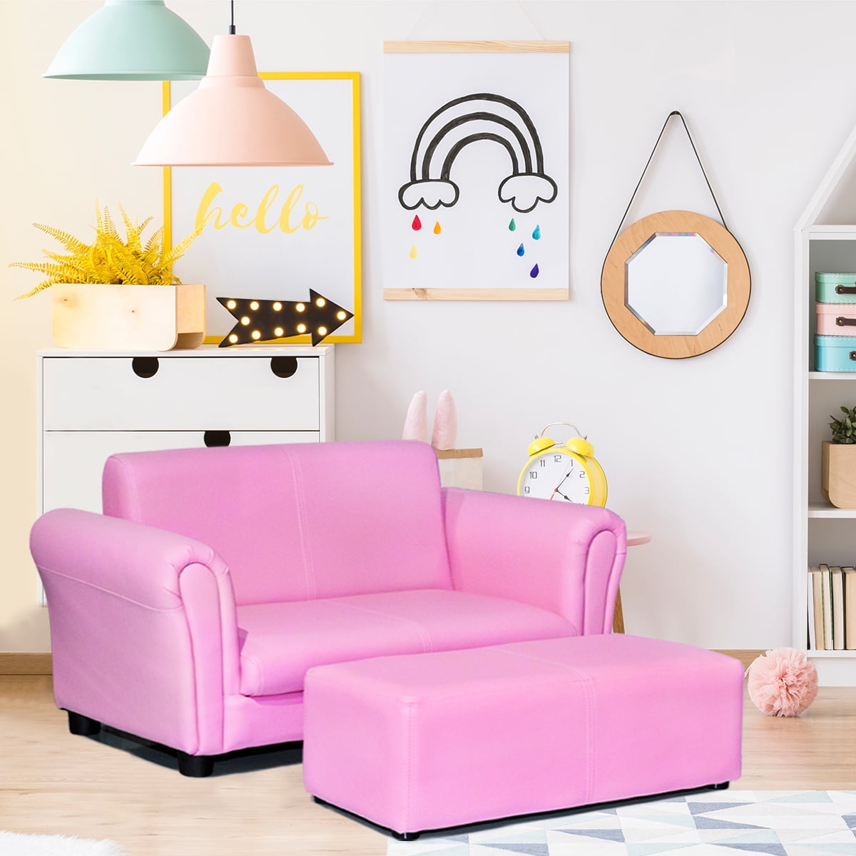 Costway Pink Kids Sofa Armrest Chair Couch Lounge Children Birthday Gift w/ Ottoman - Image 10