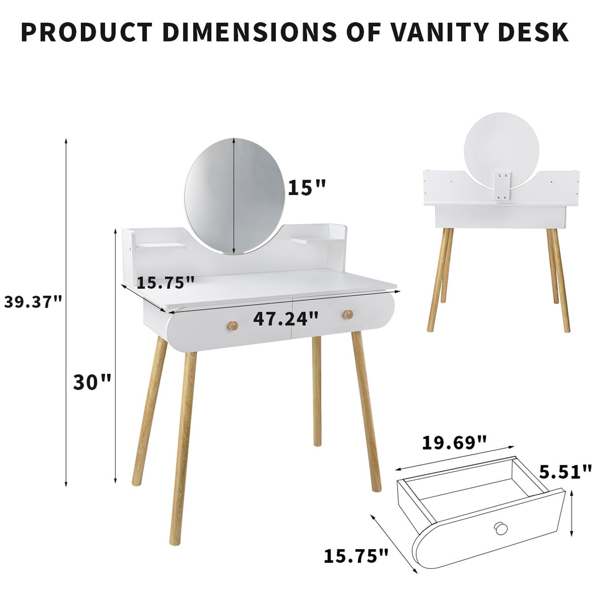 Liyufly Modern White Vanity Desk with Mirror, Solid Wood Makeup Vanity Dressing Table for Women Girls (Without Stool and LED) - Image 9