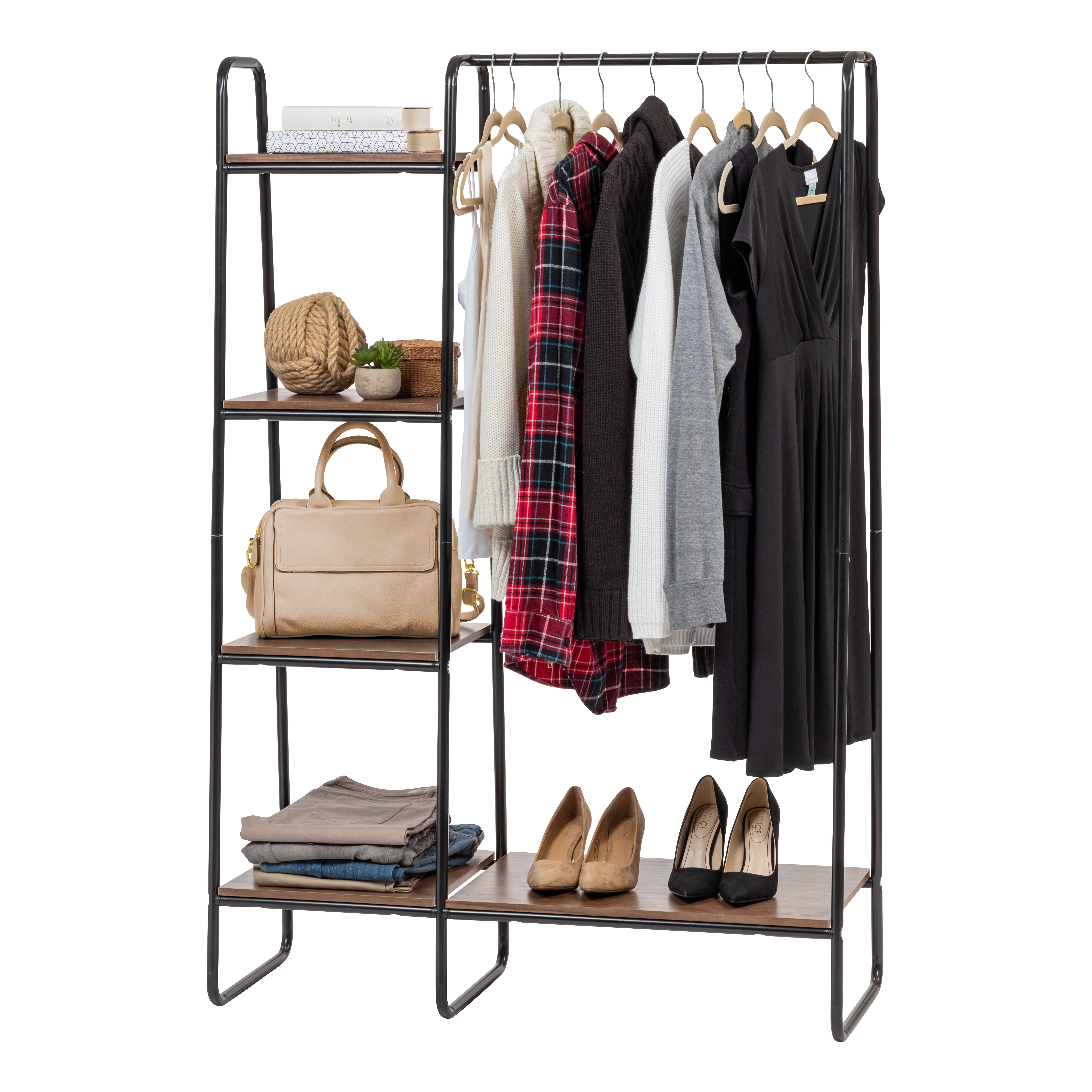 IRIS USA Garment Rack with Wooden Shelves for Hanging Clothes and Displaying Accessories Black and Dark Brown - Image 3