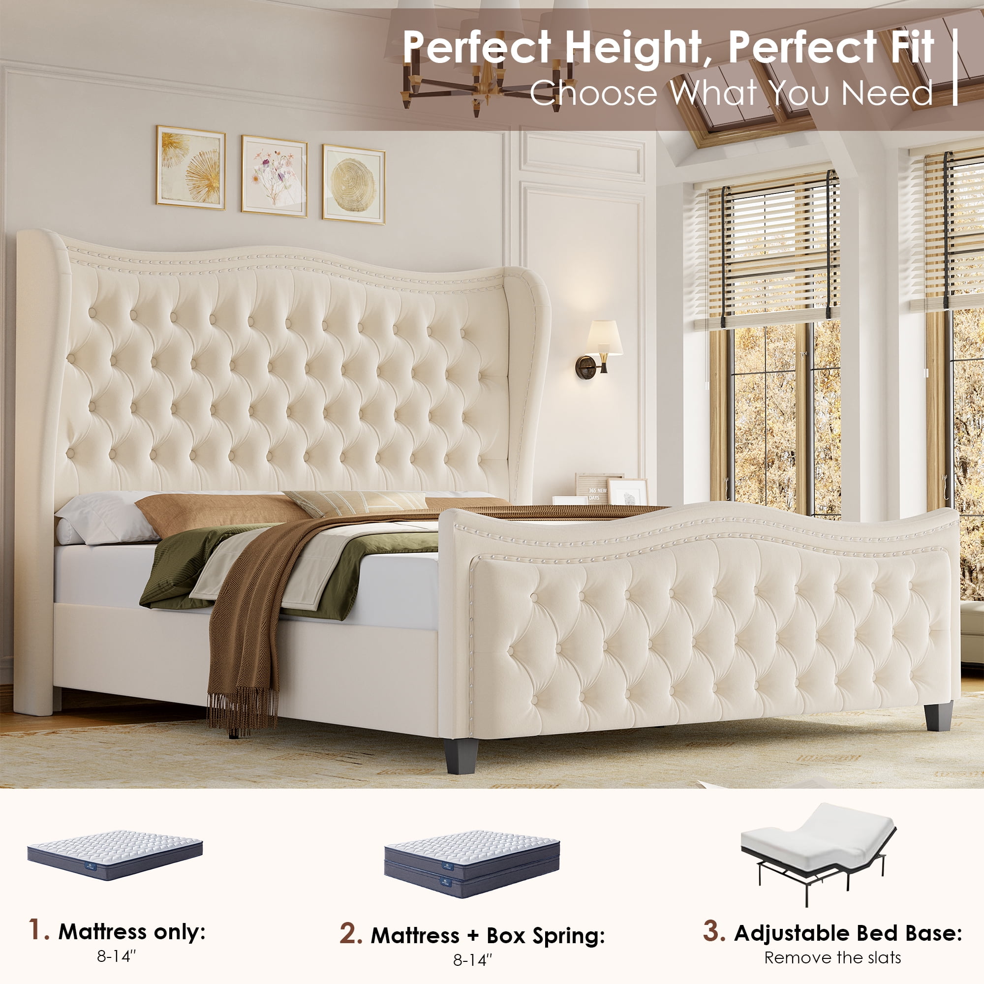Homfa Queen Size Bed Frame, Modern Velvet Tufted Wingback Bed, Platform Bed with 55"H Upholstered Headboard, Off-White - Image 7