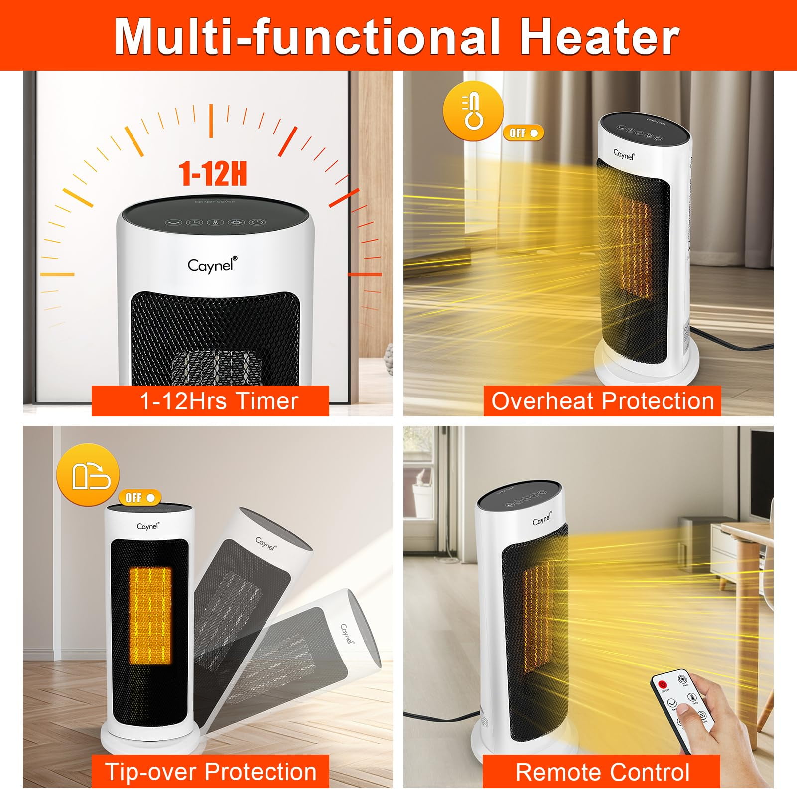 Caynel Oscillating Tower Ceramic Heaters, Electric Space Heater for Home with Thermostat 12-Hour Timer, 1500W, White - Image 3