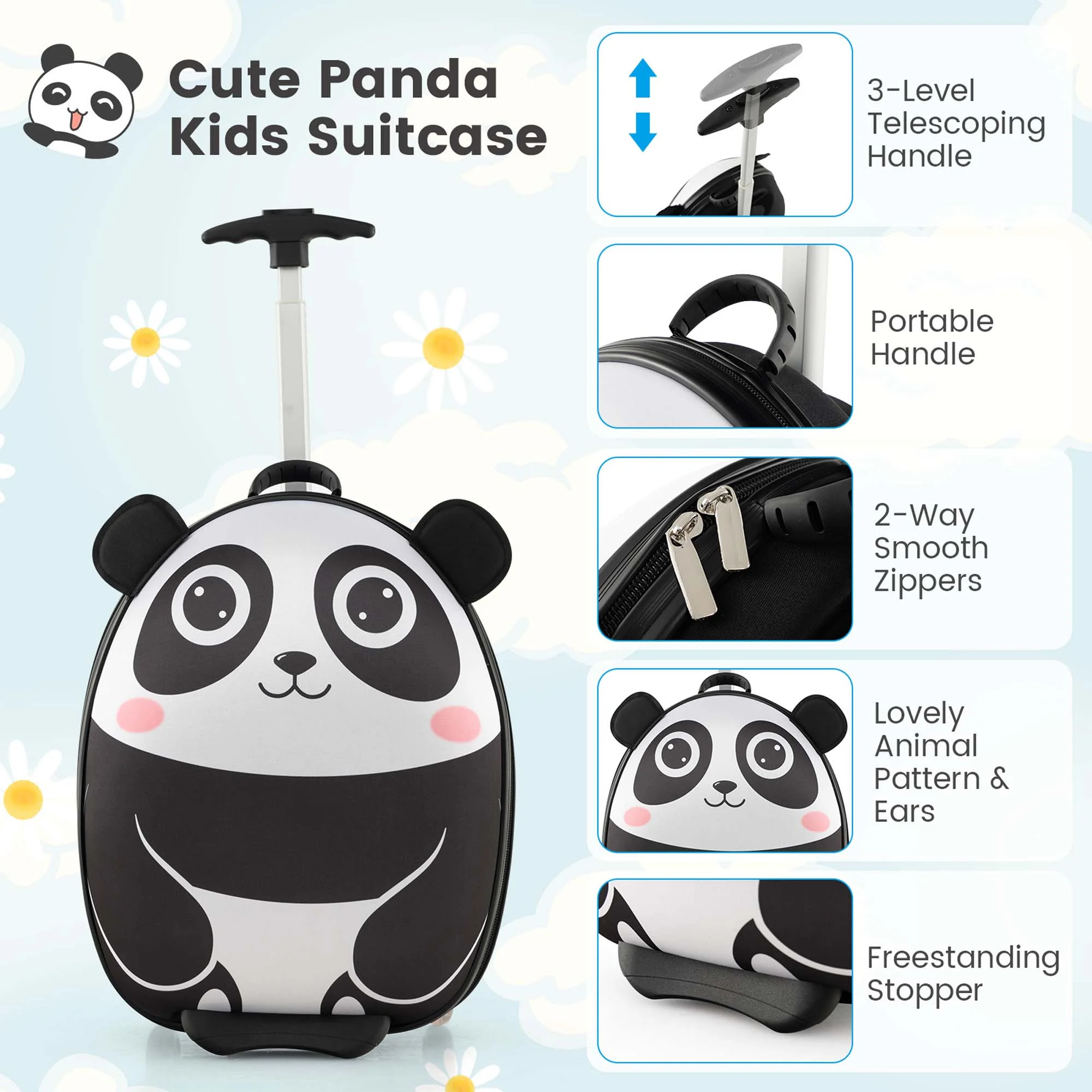 Costway 2PCS Kids Carry On Luggage Set 16'' Panda Rolling Suitcase with 12'' Backpack Travel White - Image 5