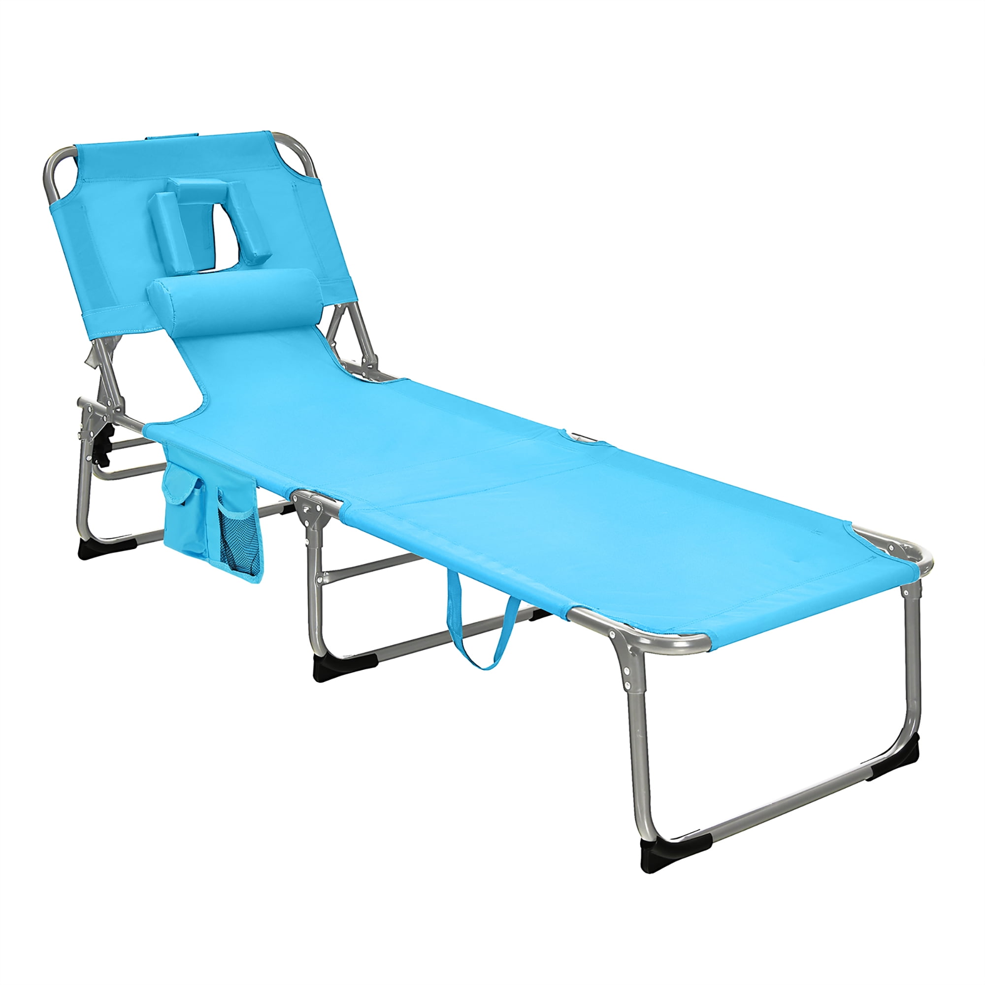 Gymax Portable Beach Chaise Lounge Chair Folding Reclining Chair w/ Facing Hole Turquoise - Image 6