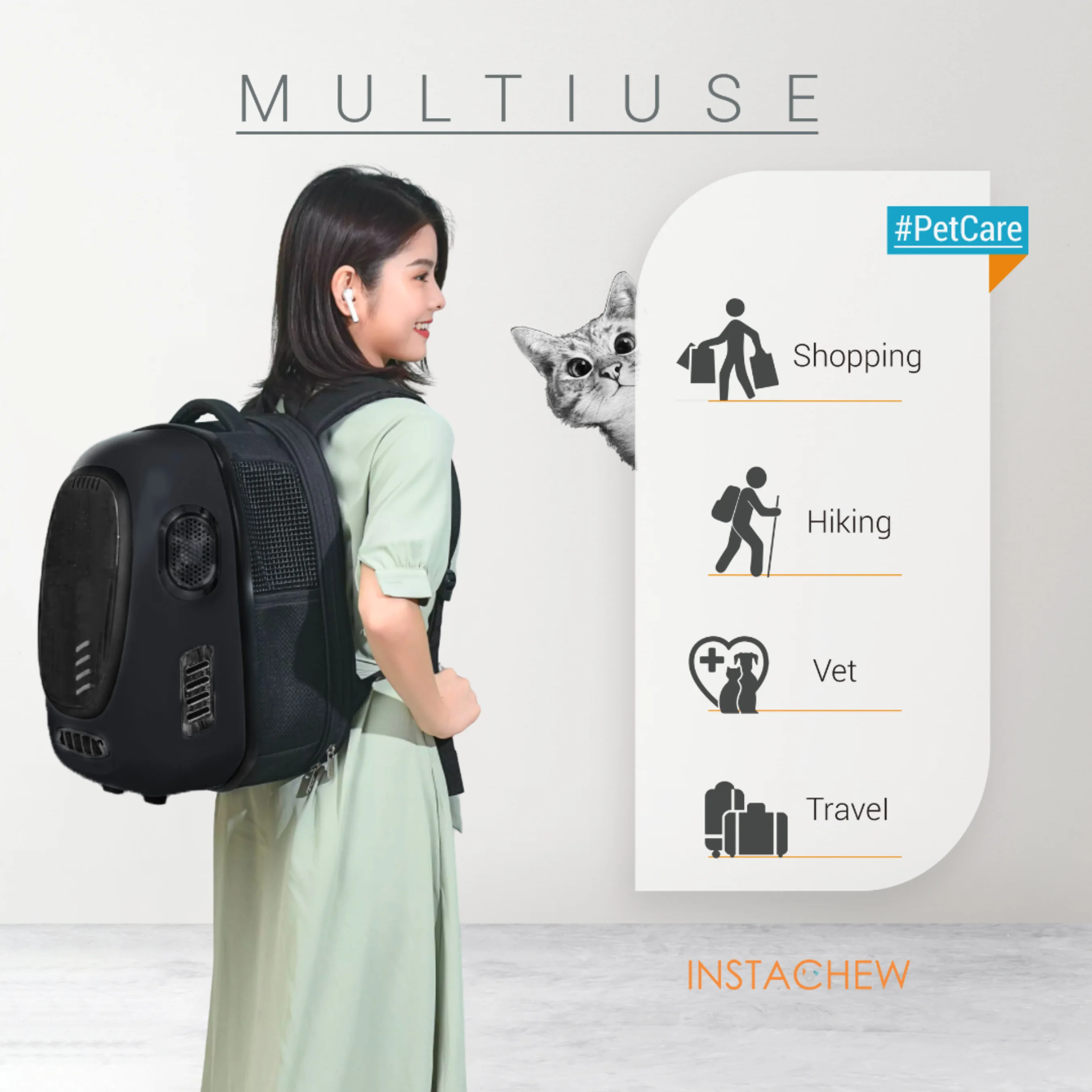 INSTACHEW Trekpod Smart Pet Carrier with Breathable Fan for Cats and Small Dogs for Walk Outdoors for Hike Up to 17lbs, Comfortable Ventilated Hard-Sided Cat Carrier Travel Backpack, App-Enabled,Black - Image 9