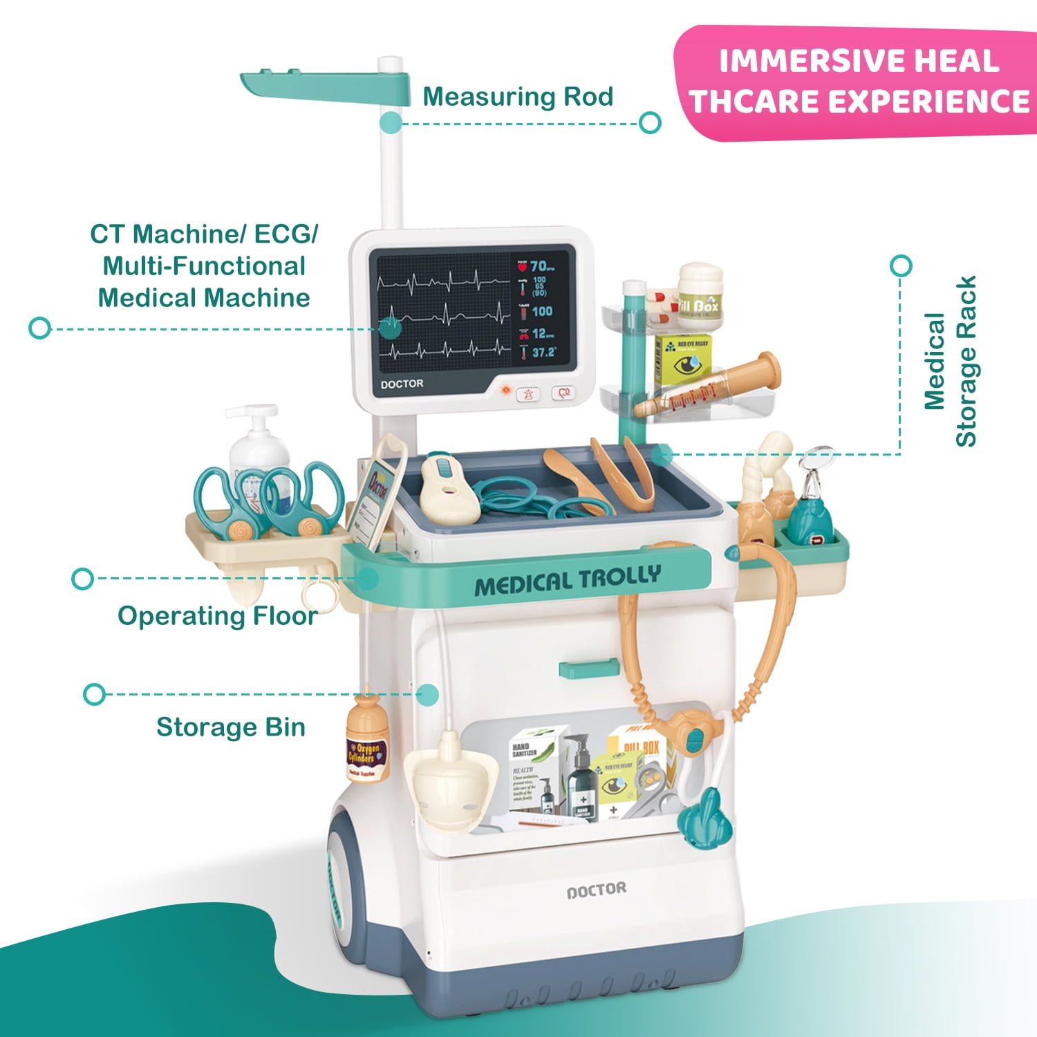 PayUSD Doctor Kit for Kids Doctor Set Pretend Play Medical Kit Station Set for Girls Boys Dr. Playset Role Play Mobile Cart Trolley for Toddler Toys Christmas Gift, 26 PCS - Image 9