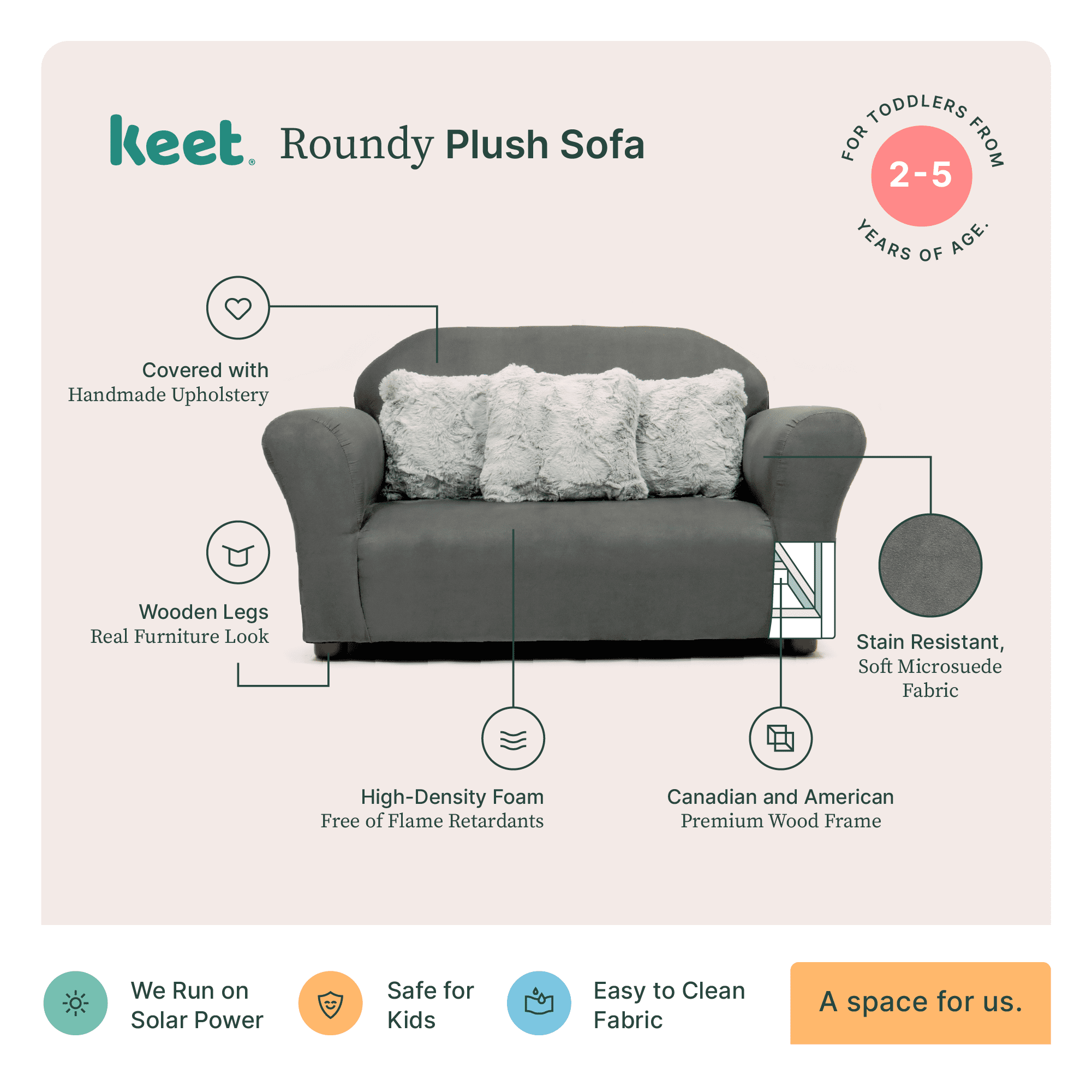 Plush Keet Children's Sofa Charcoal, with Grey accent pillows - Image 7