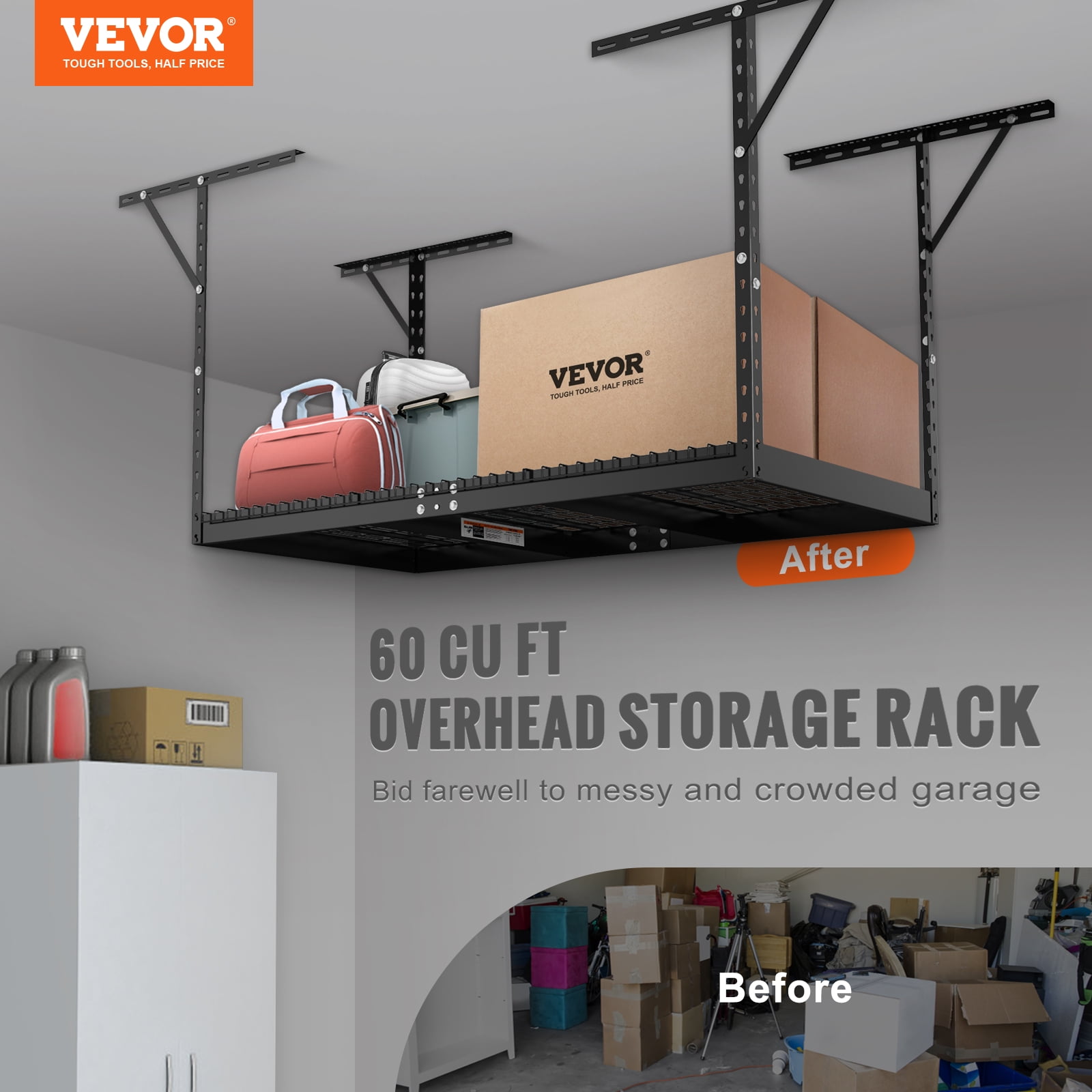 VEVOR Overhead Adjustable Garage Storage Rack 36x72in Ceiling Rack 550lbs Black - Image 6