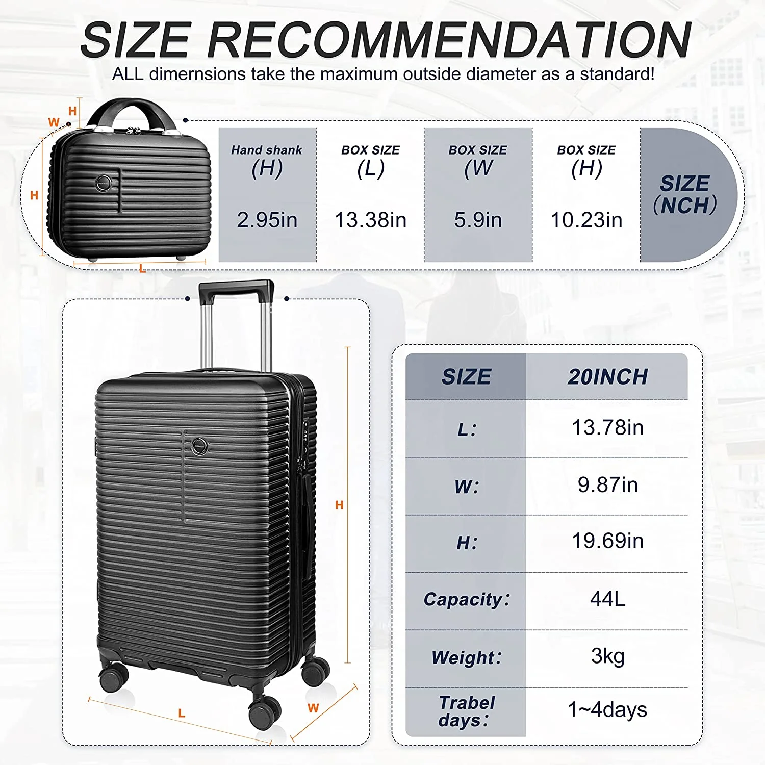 JZRTravel 20 in Striped Spinner Carry On Luggage with 14 in Cosmetic Case, Black - Image 3