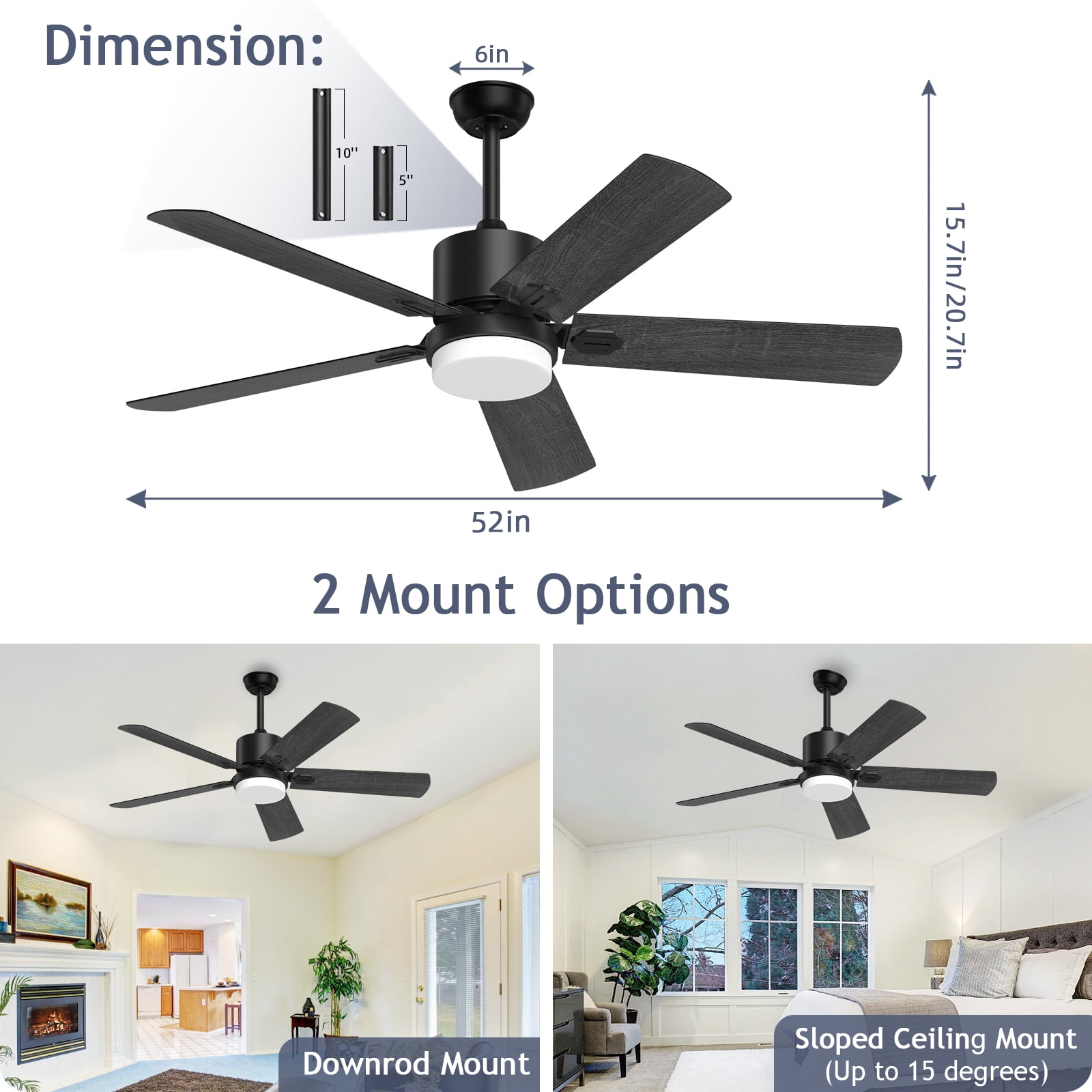 SKEVEN 52'' Ceiling Fan with Light and Remote Control, 6-Speed Reversible DC Motor, 5 Wood Fan Blades,Black - Image 7