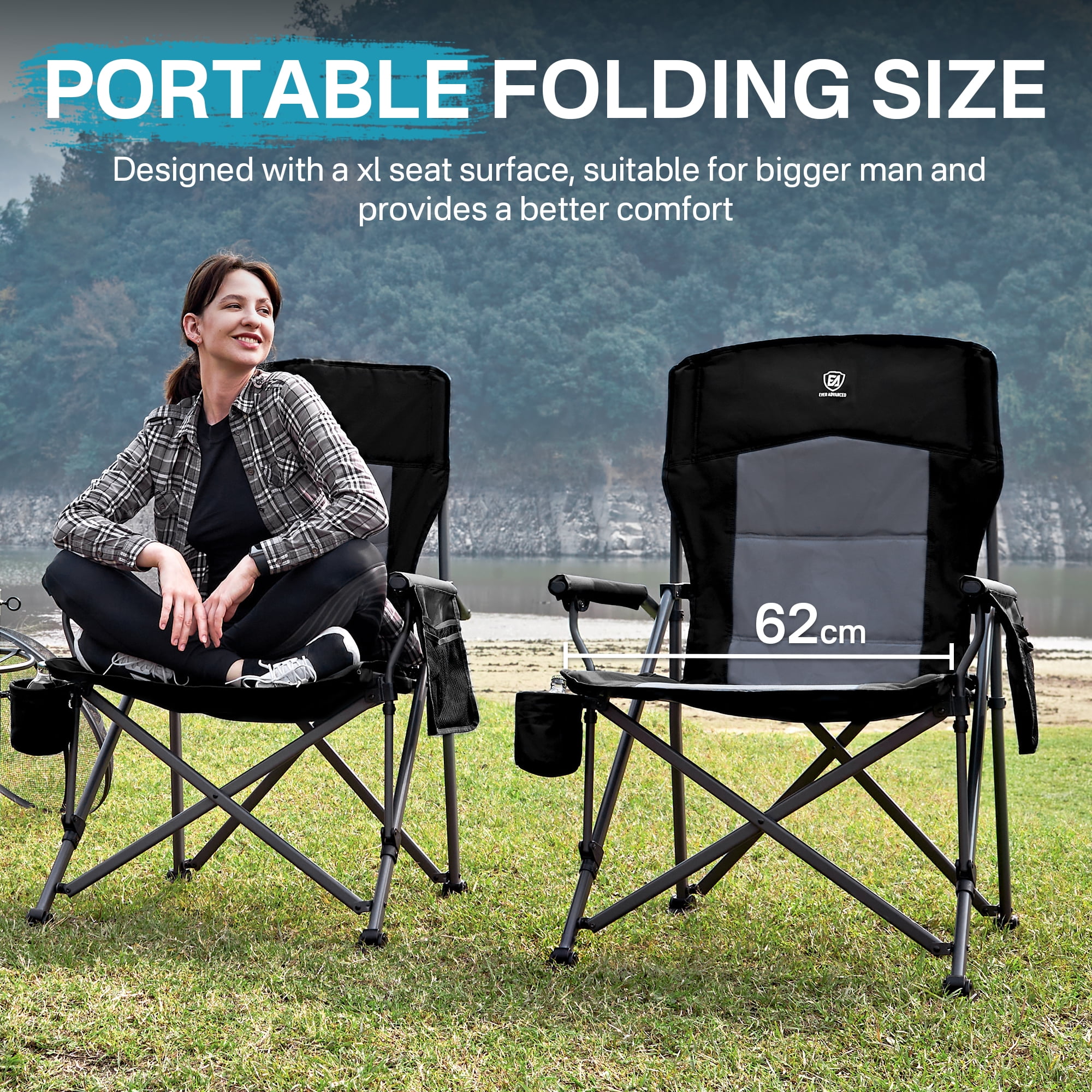 Oversized Folding Camping Chair, High Back Lawn Chair for Adults, Side Pockets & Cup Holder, Portable for Outdoor, Heavy Duty, Supports to 500 lbs, Black - Image 3