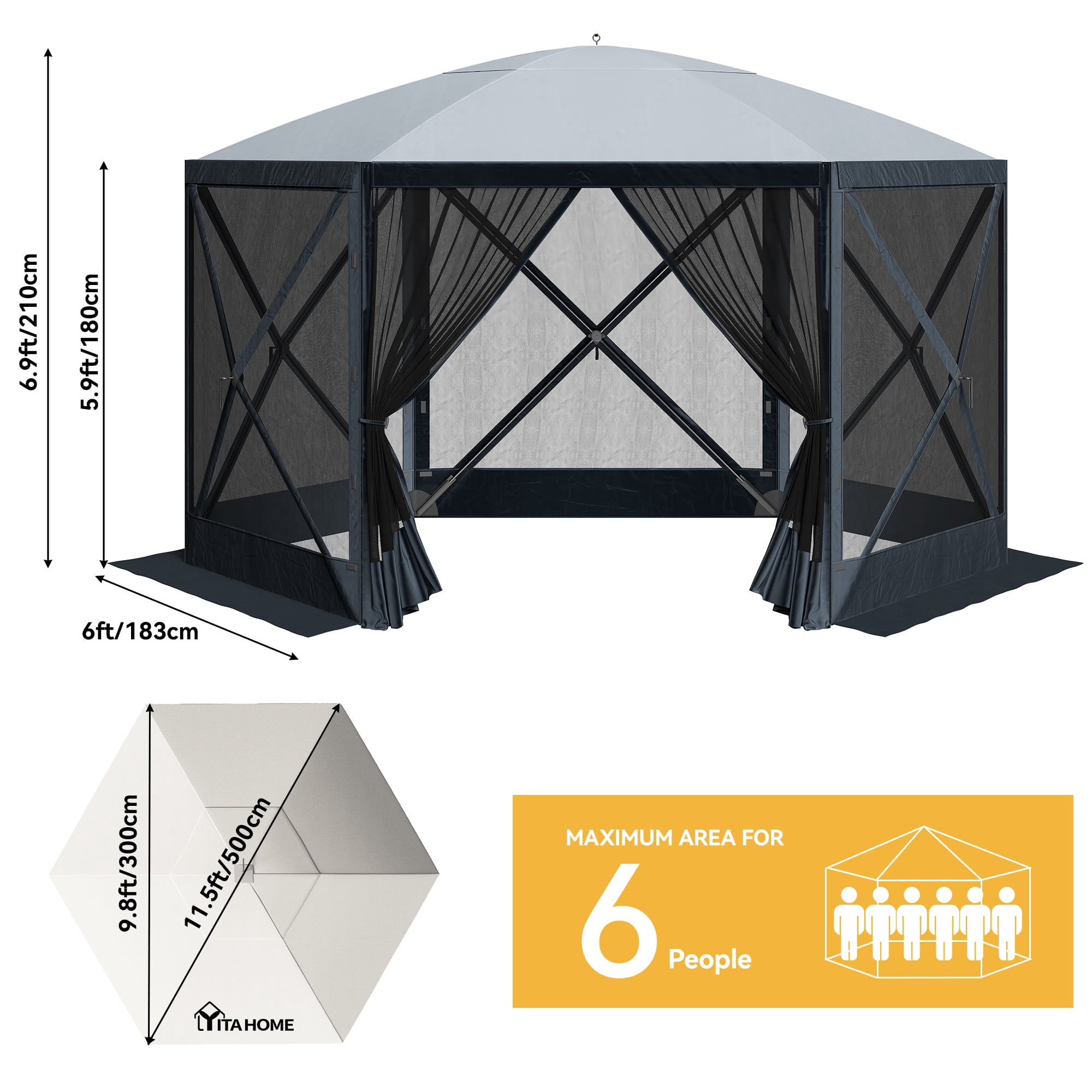 Dextrus 11.5x11.5ft Camping Gazebo, Portable Pop Up Canopy Outdoor Screen Tent 6 Sided with Mesh Windows and Carry Bag for Camping, Picnic, Backyard Party Outside Activities, Gray - Image 2