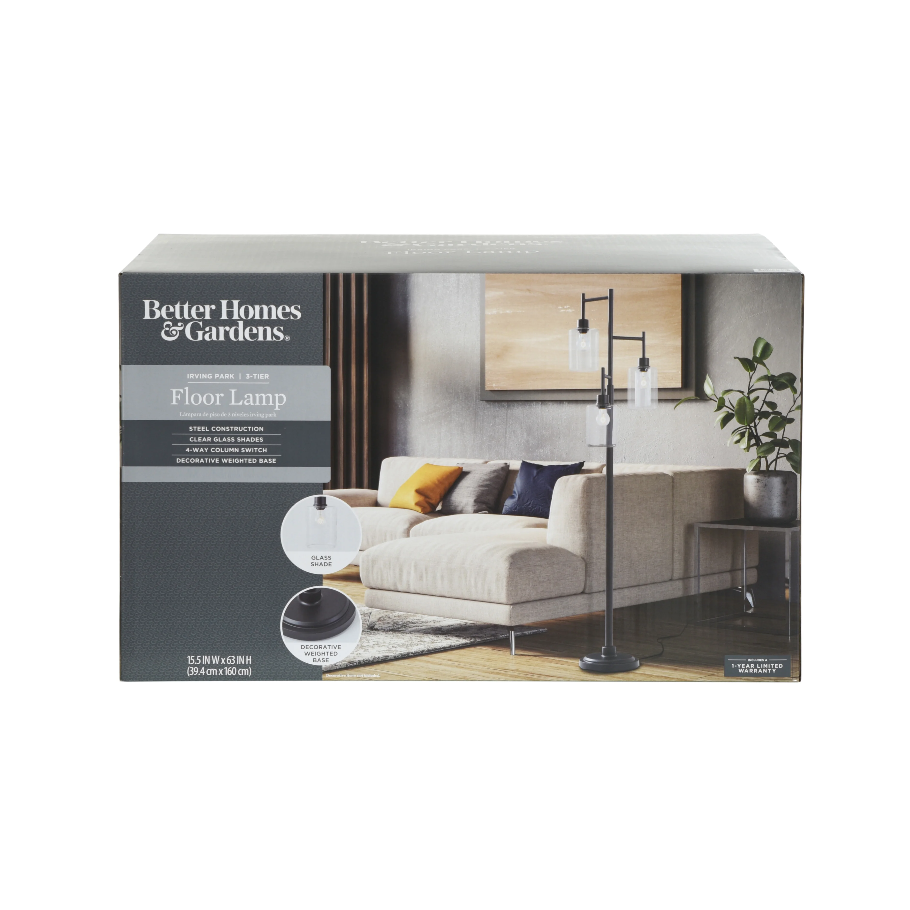 Better Homes & Gardens 63.5 in 3 Light Contemporary Black Floor Lamp Clear Glass - Image 12