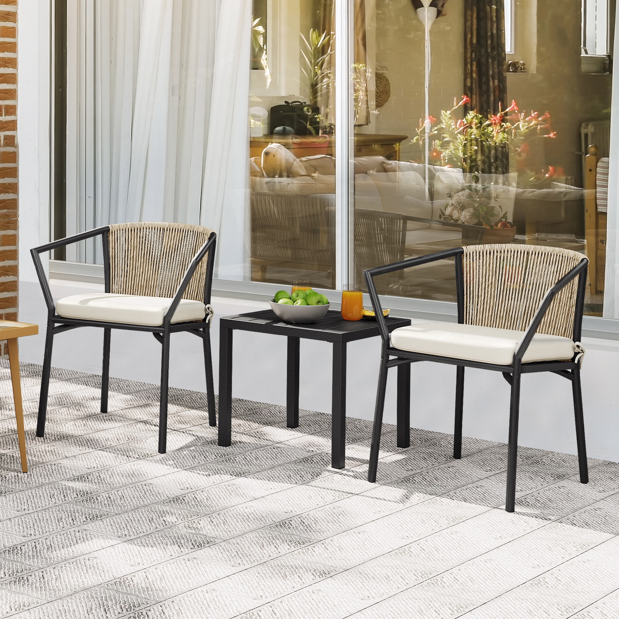 Dextrus 3-Piece Patio Conversation Bistro Set, Outdoor Wicker Dining Table Chairs Set, With 2 Stackable Chairs, Cushions, Side Table - Beige - Image 7