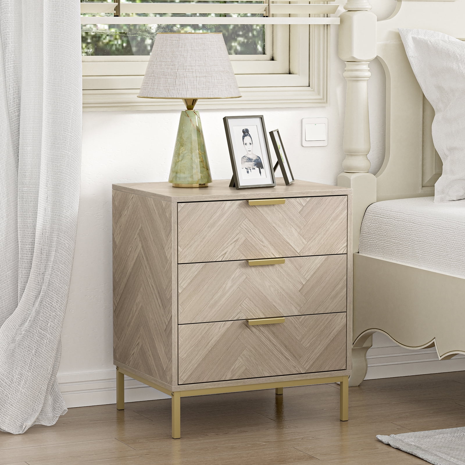 Eumyviv Wood 3 Drawer Nightstand, Herringbone Beside Table Farmhouse Side Table for Bedroom Living Room, Natural Oak H0099 - Image 2