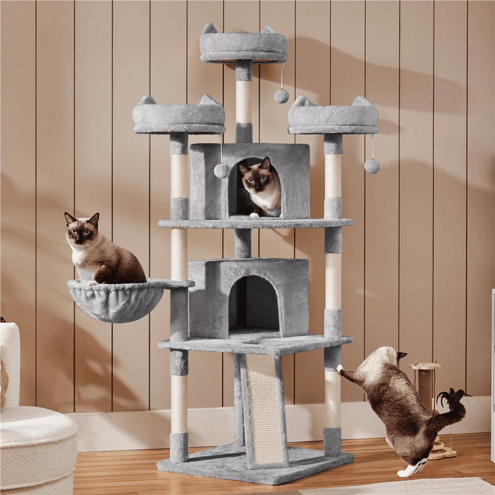Alden Design 68.5"H Large Multilevel Cat Tree Tower with Condos and Perches, Light Gray - Image 4