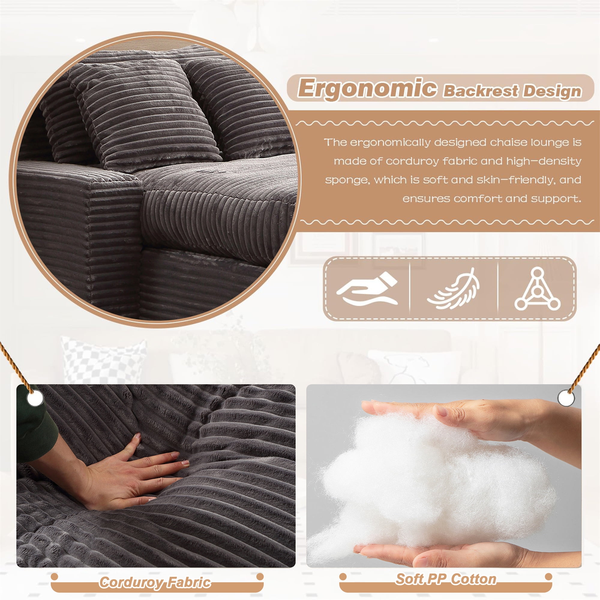 Aukfa 55 Inch Chaise Lounge Indoor, Oversized Corduroy Cloud Sofas Couches for Living Room, Gray - Image 9