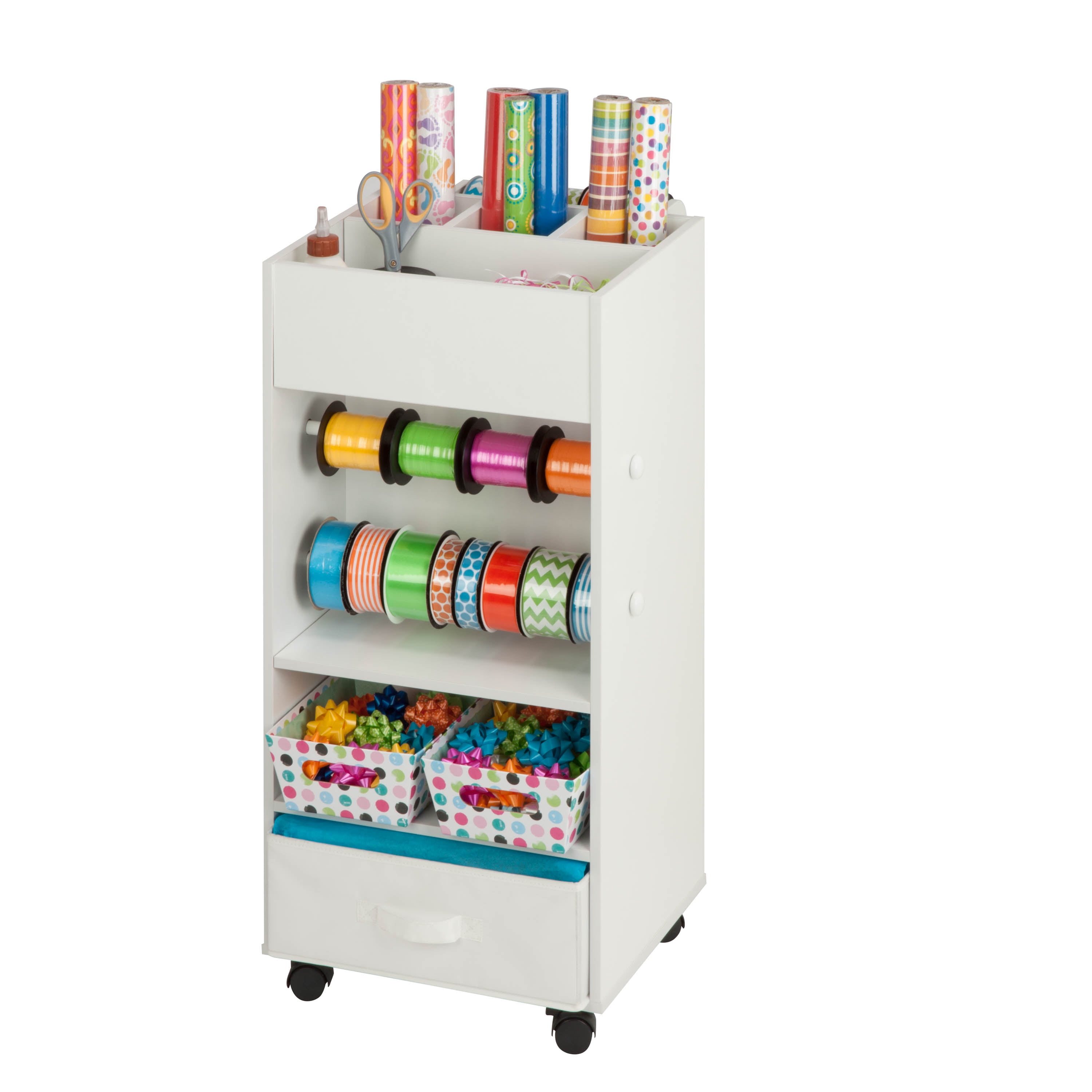 Honey-Can-Do 5-Tier Craft or Gift Wrap Storage Cart with Fabric Drawer, Dowel Rods, and Compartments, White - Image 9