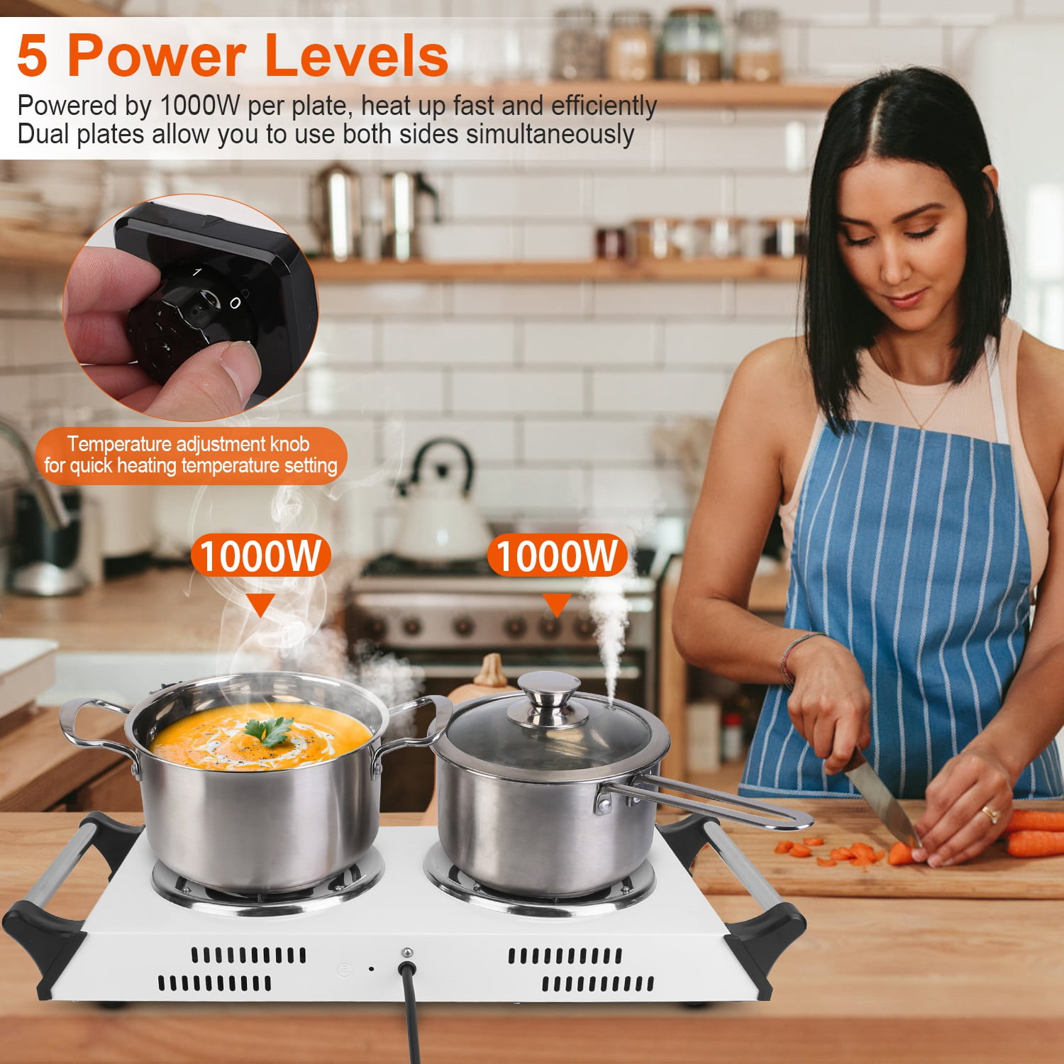 2000W Electric Dual Burner TeqHome Portable Electric Stove Countertop Hot Plate with 5 Temperature Adjustments Handles for Dorms Small Apartments RV Black - Image 10