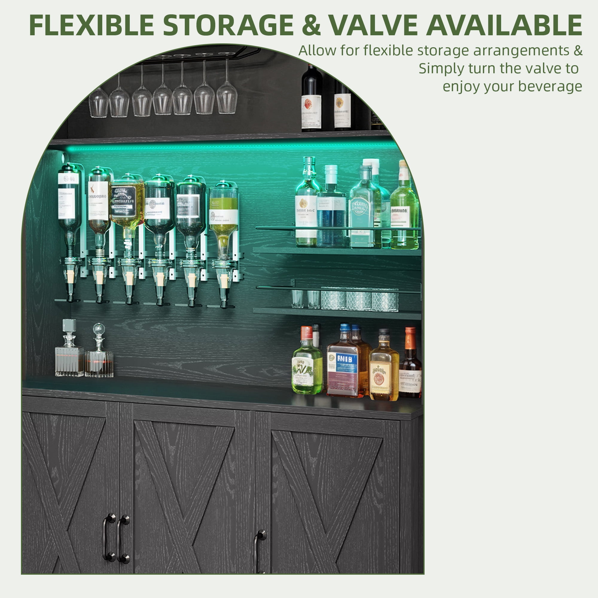 Uforic Bar Cabinet with LED Lights and Wine Rack, Liquor Cabinet with Beverage Dispenser, Black - Image 7