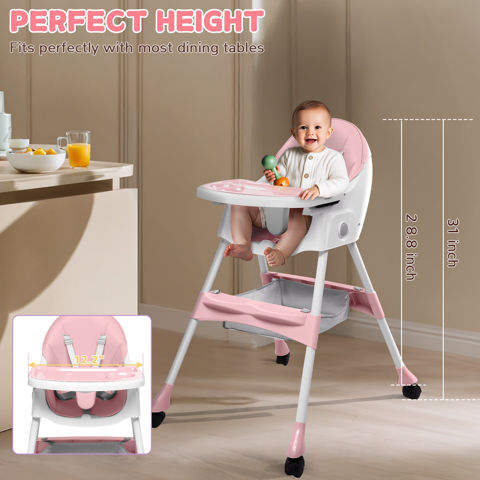 Ktaxon Baby High Chair, Convertible 6 in 1 High Chairs for Babies and Toddlers, Foldable Baby Highchair with 5-Point Safety Harness, Adjustable Dining Tray, Backrest & Height, Pink - Image 9