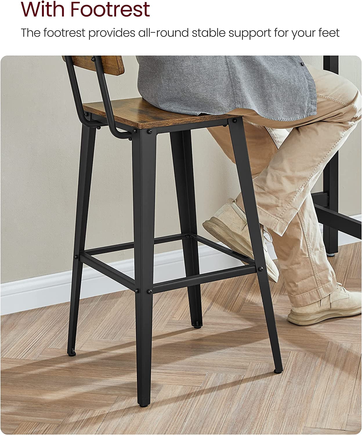 VASAGLE Bar Height Stool Tall Backrest Bar Stool, Rustic Brown & Black (Set of 2) - Image 6