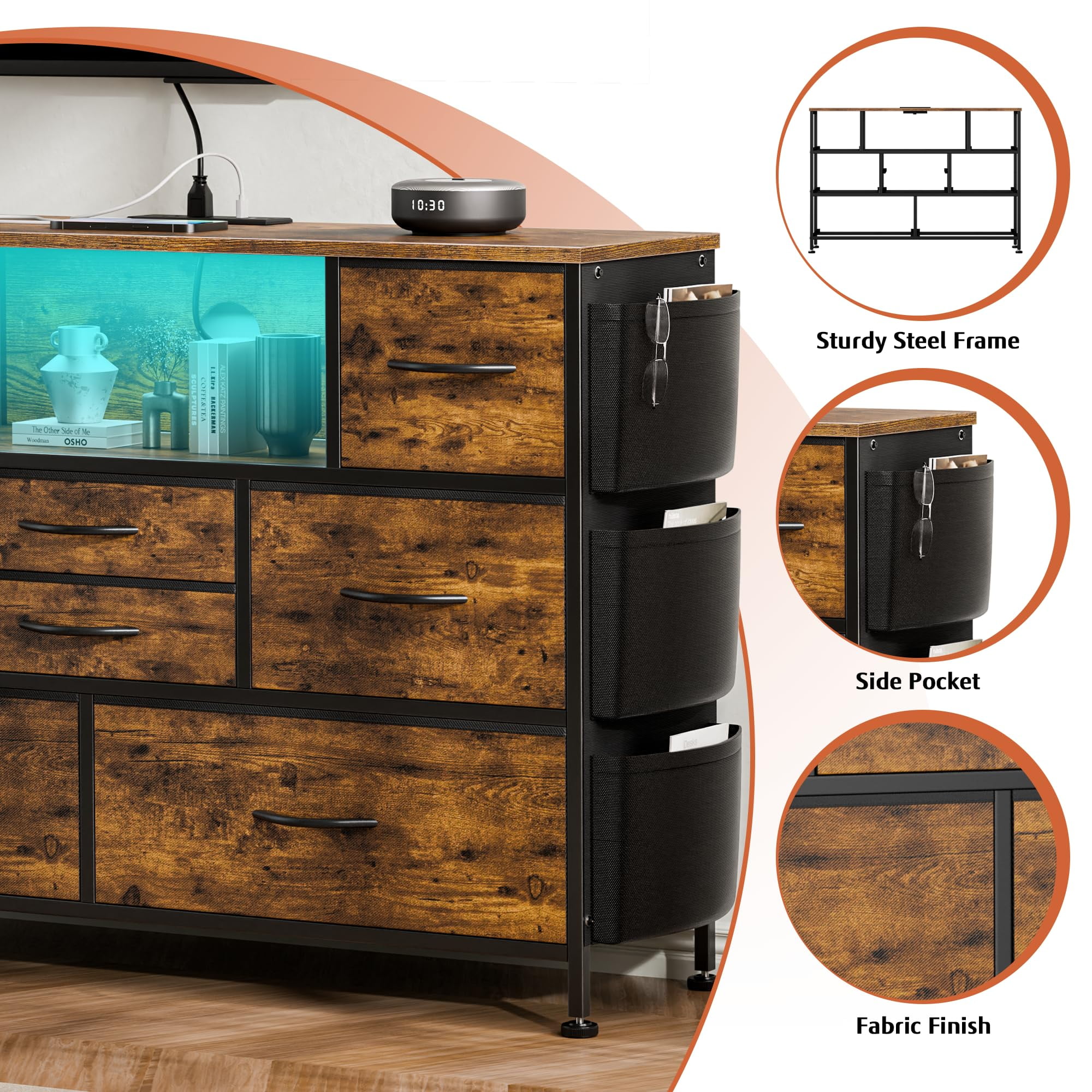 GIKPAL Dressers for Bedroom, 8 Drawer Dresser with LED Lights, Chest of Drawers with Side Pockets & Power Outlet Ports, Storage Drawers Nightstand, Bedroom Furniture Brown - Image 6