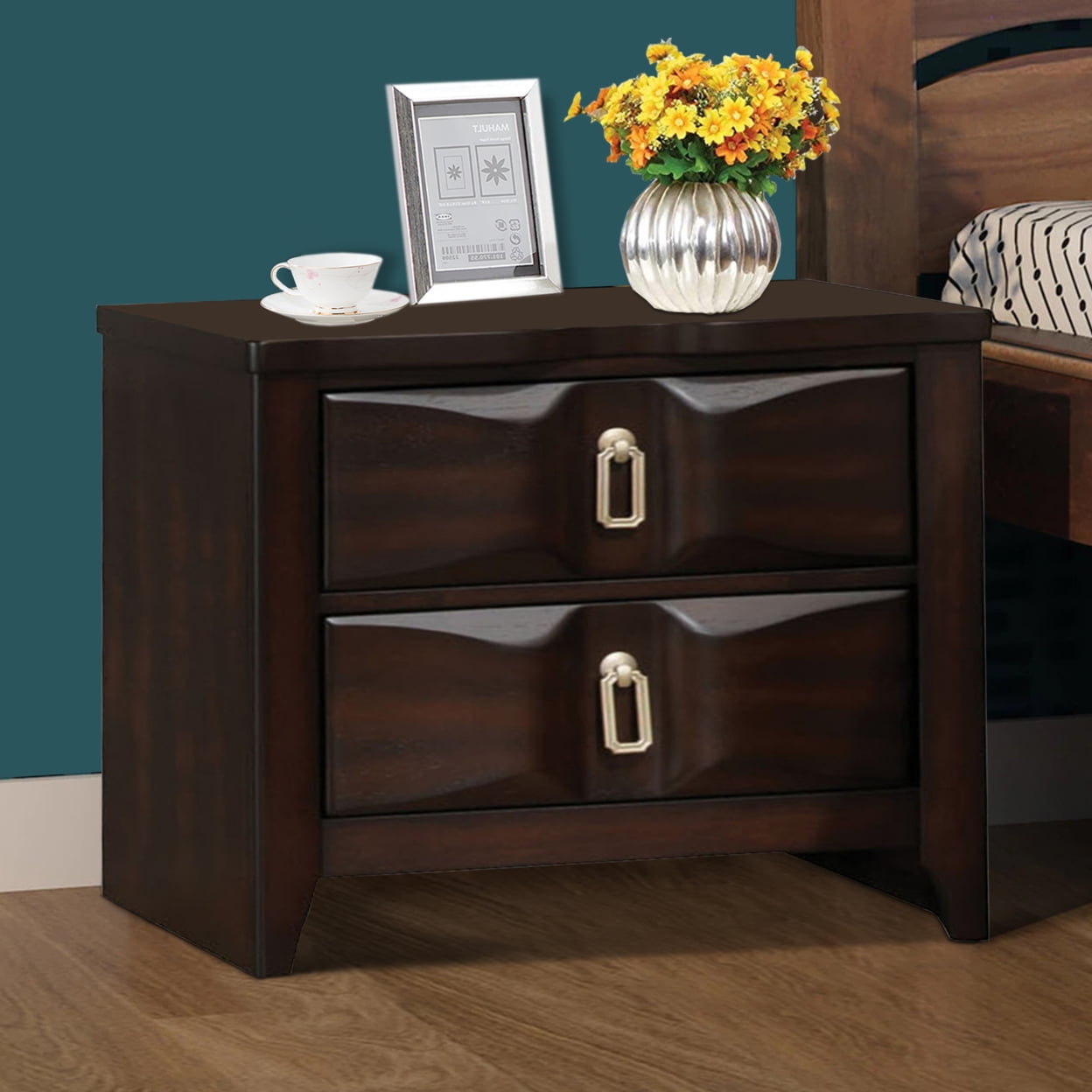 Transitional Style Wood Nightstand with 2 Drawers Espresso Brown - Saltoro Sherpi - Image 6