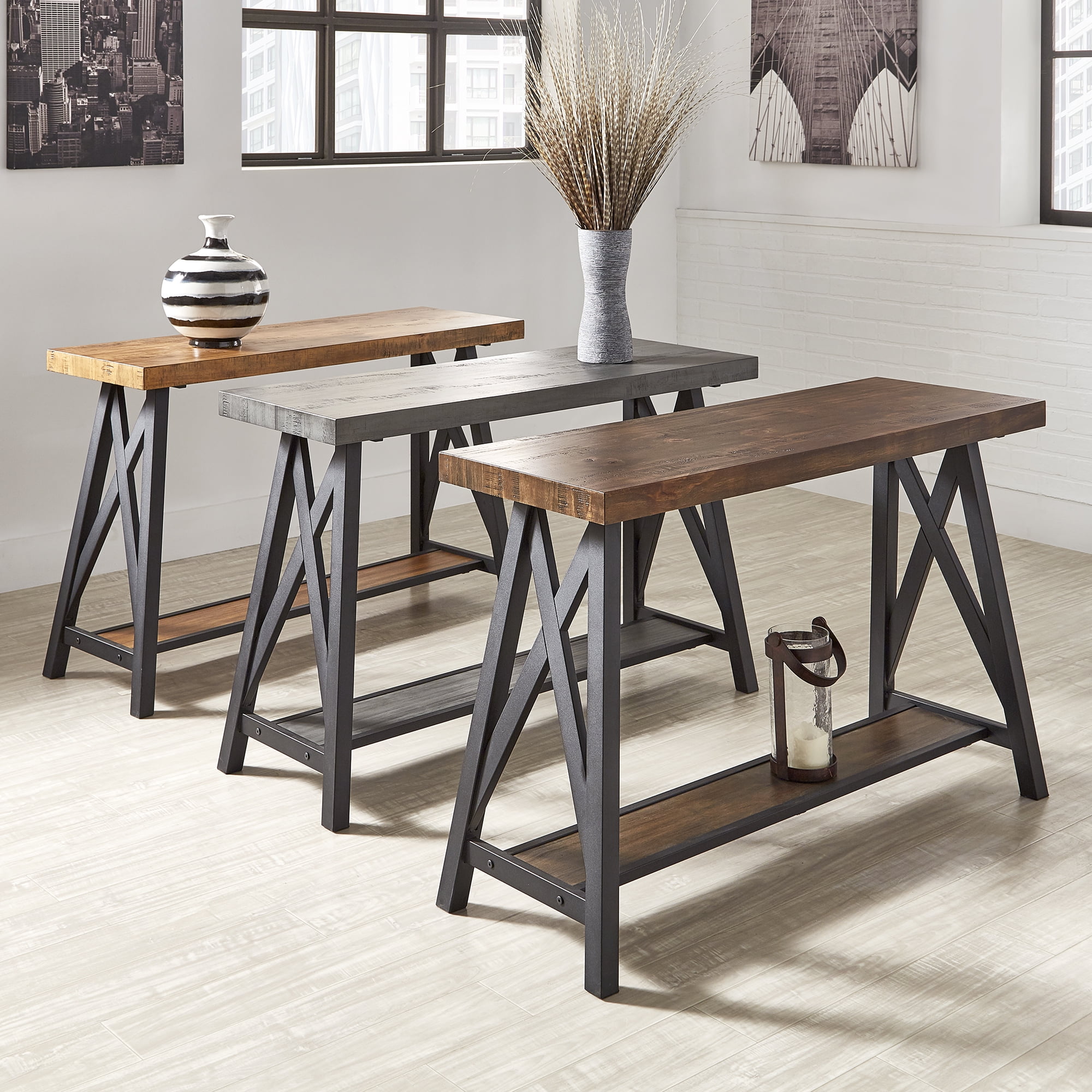 Weston Home Westyn Rustic X Base Wood Console Table with Shelf, Oak - Image 5