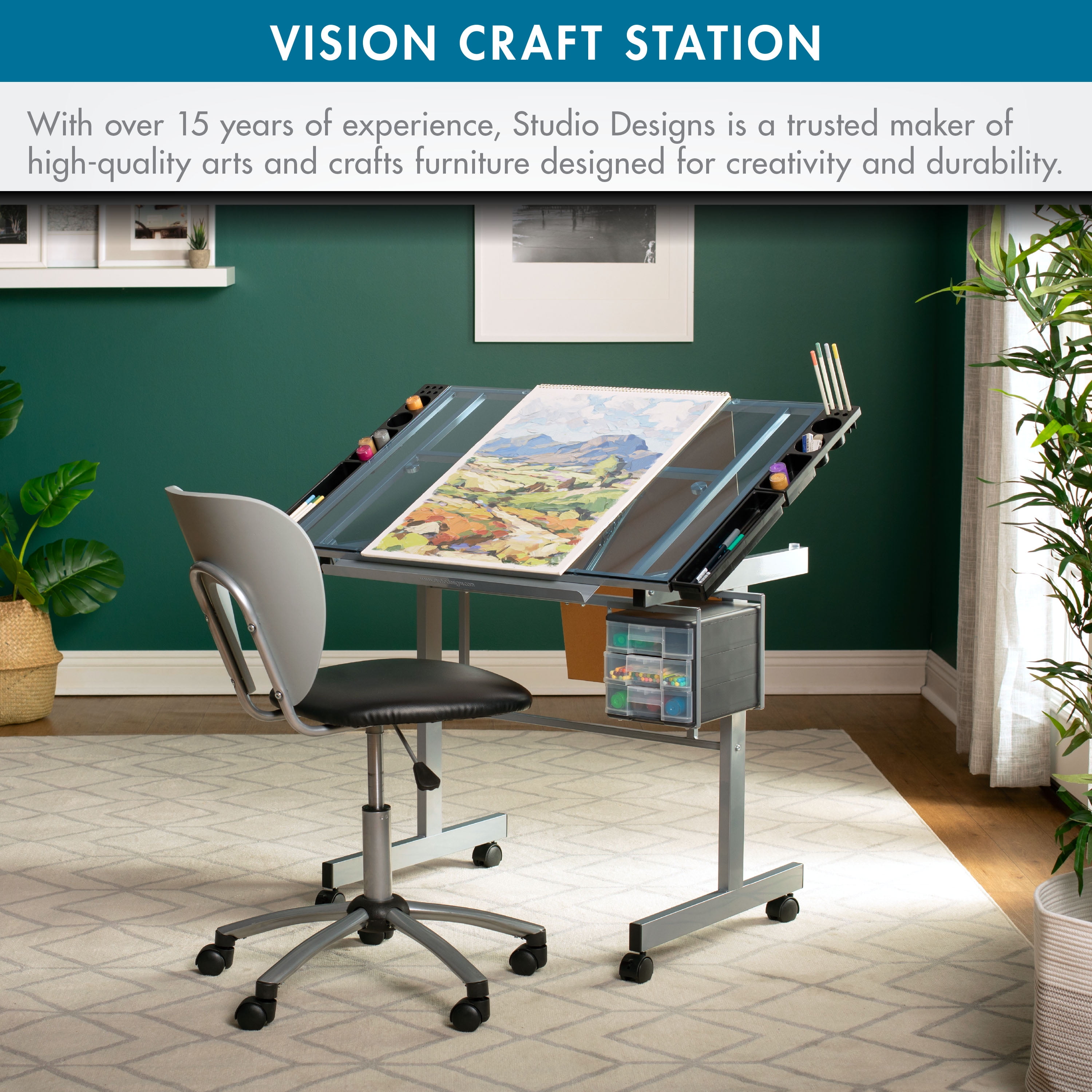 Studio Designs Vision Craft Station Tempered Glass Adjustable Top, Rolling Drafting Table, Silver Blue - Image 6