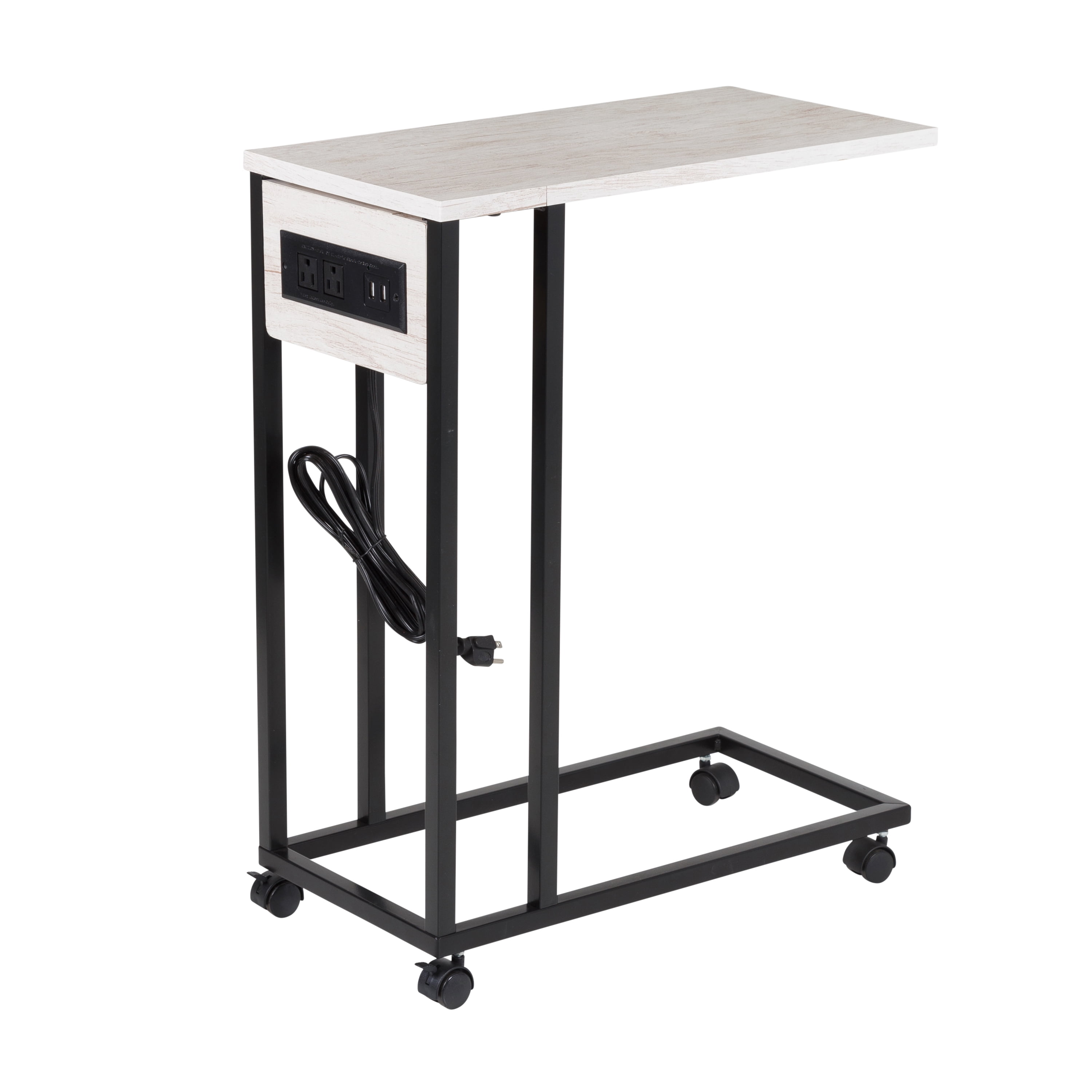 Honey-Can-Do C-Shaped Side Table with Outlets and Wheels, Natural/Black - Image 8
